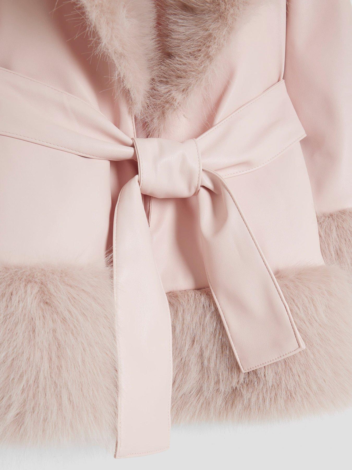 Image 4 of 4 of River Island Older Girls Faux Fur Wrap Coat - Pink