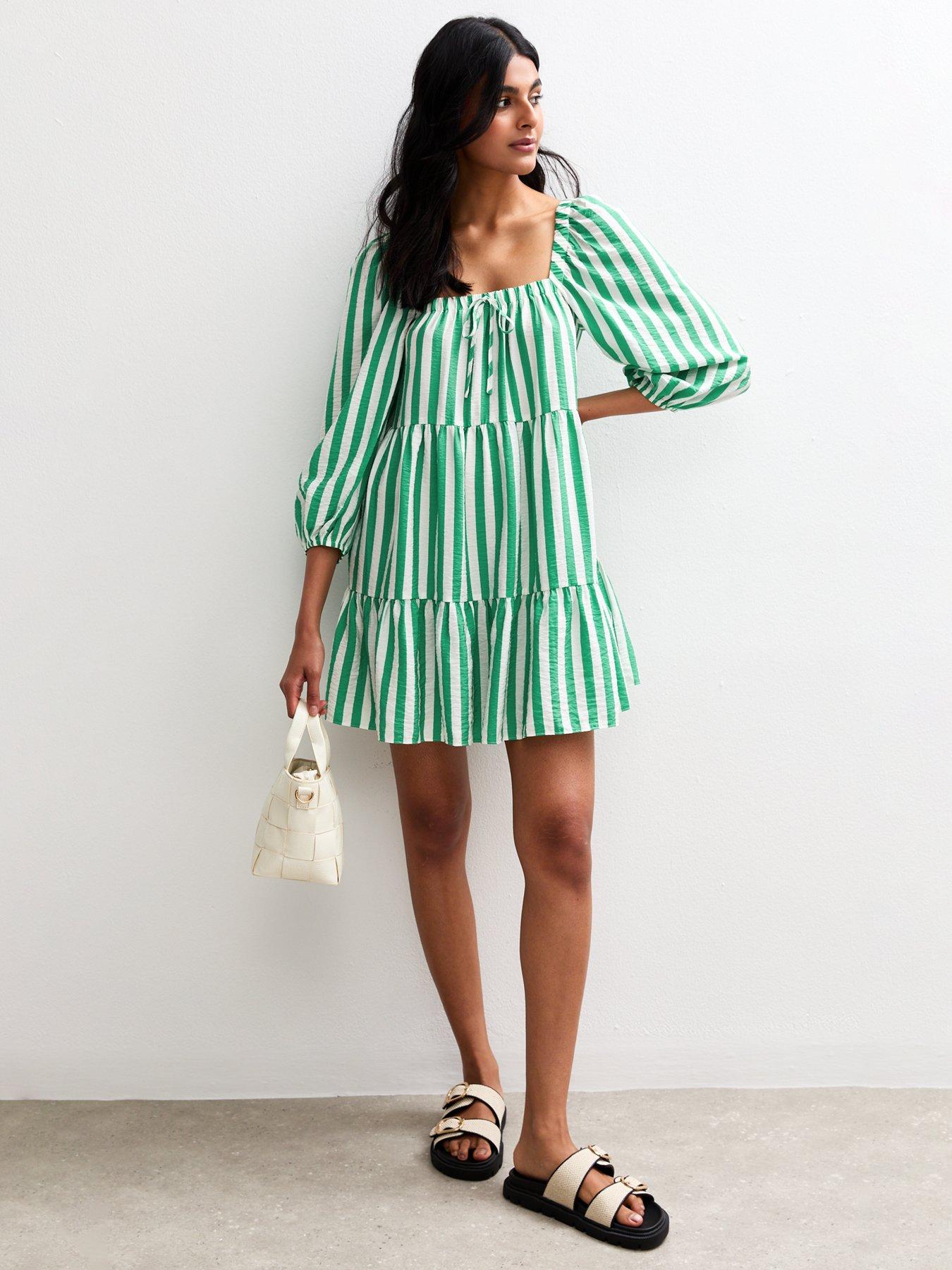 undefined Green Striped Tiered Smock Mini Dress