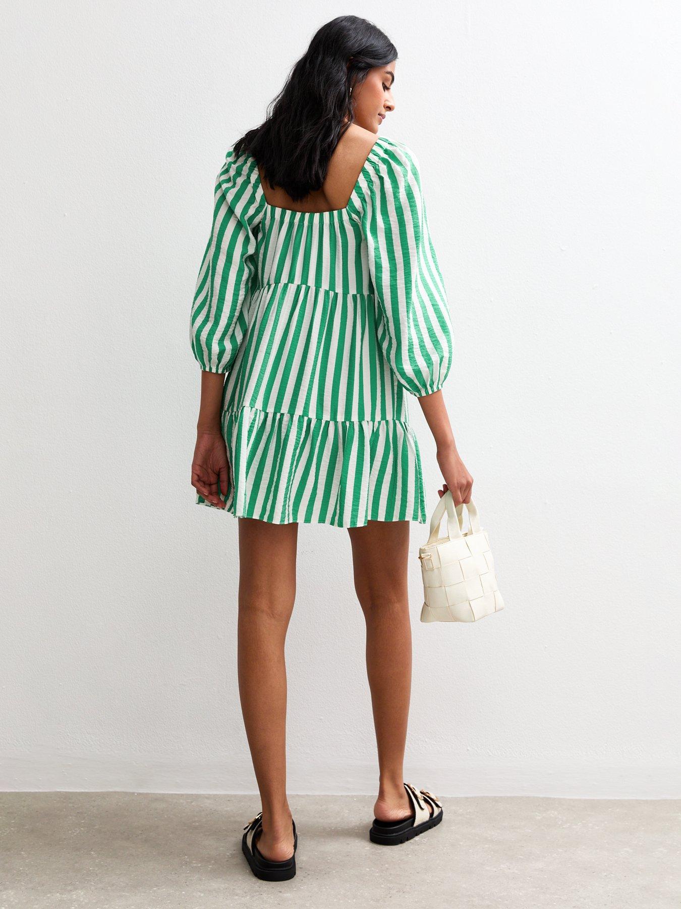 New Look Green Striped Tiered Smock Mini Dress | Very