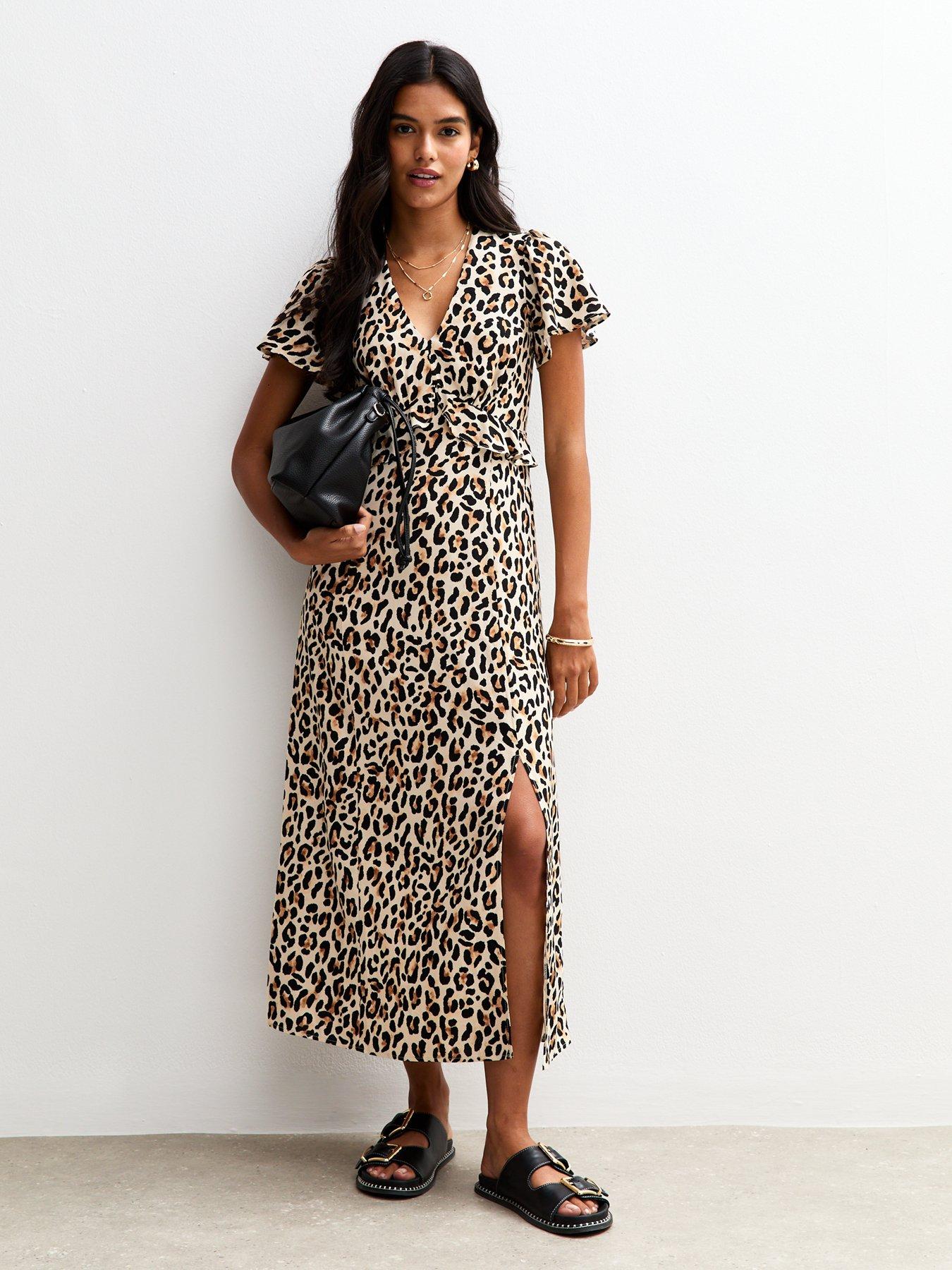 undefined Brown Leopard Print Flutter Sleeve Midi Dress