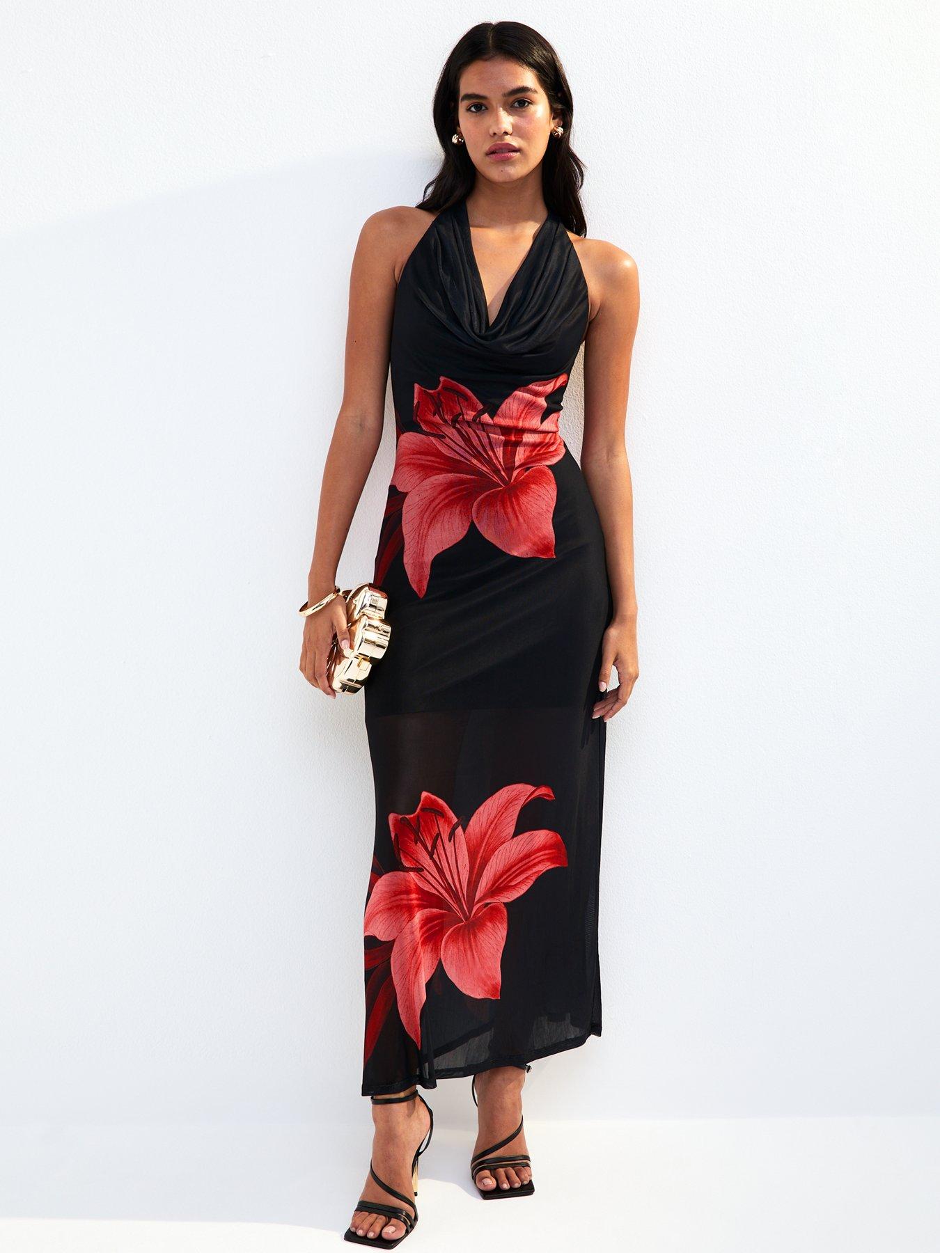 undefined Black Mesh Floral Print Cowl Halterneck Maxi Dress