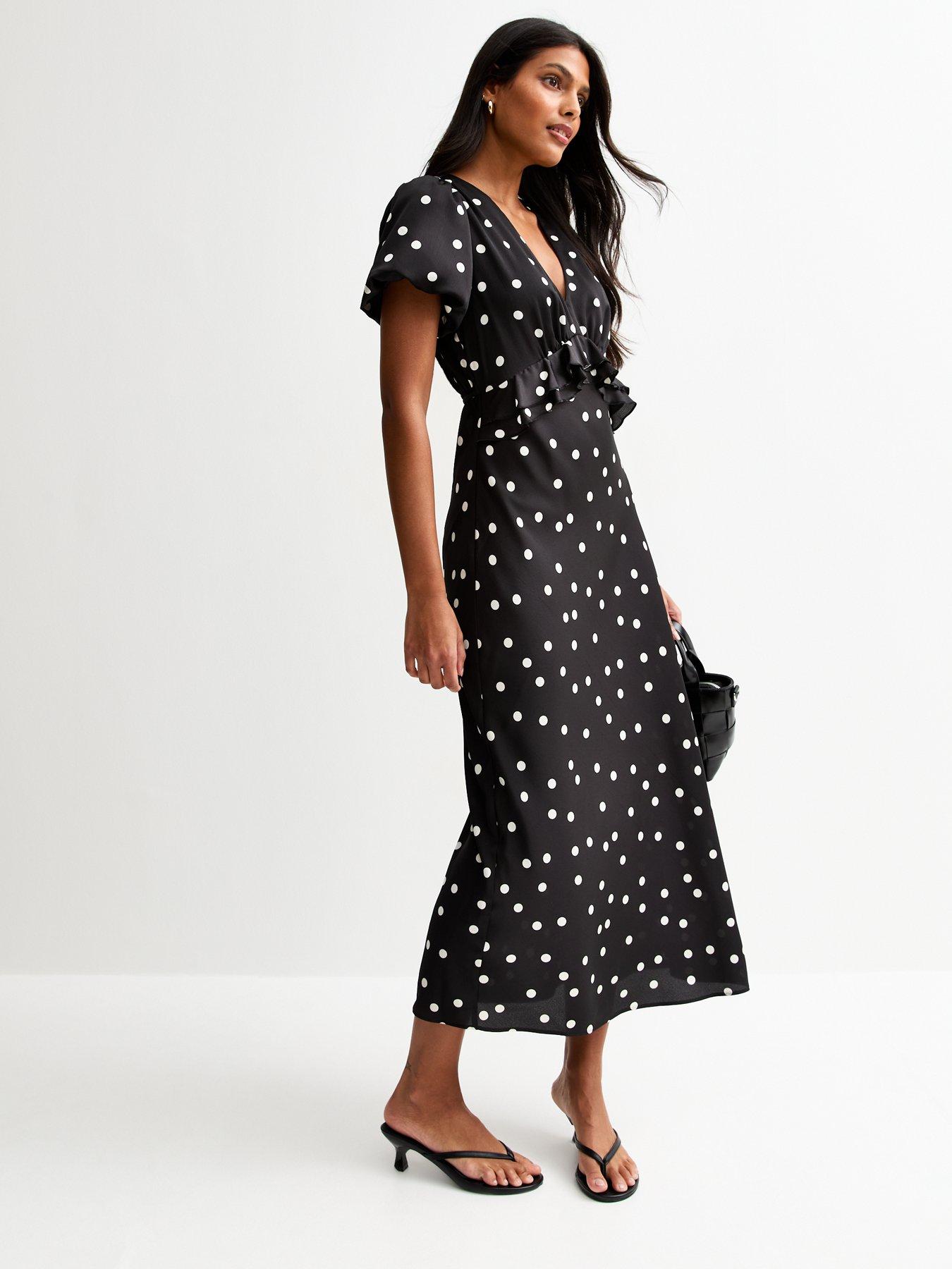 Image 1 of 4 of New Look Satin Spot Print Ruffle Trim Midi Dress - Black