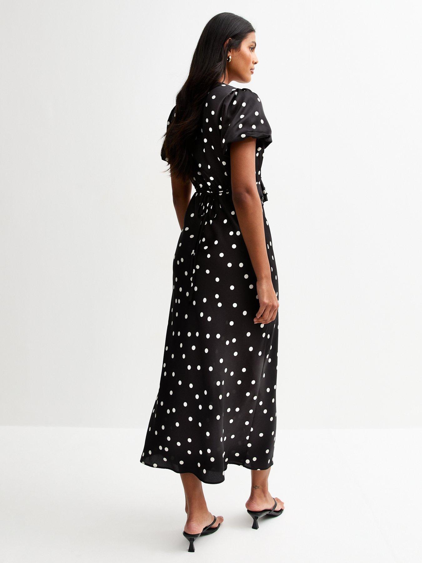 Image 2 of 4 of New Look Satin Spot Print Ruffle Trim Midi Dress - Black