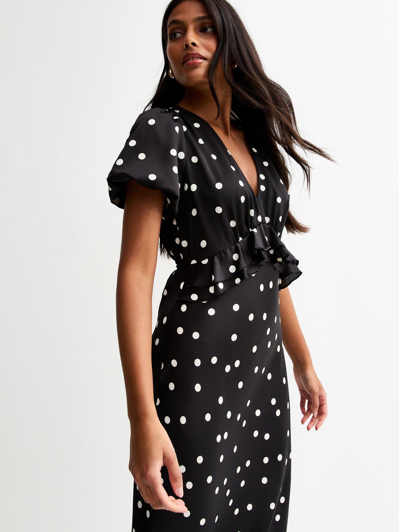 Image 3 of 4 of New Look Satin Spot Print Ruffle Trim Midi Dress - Black