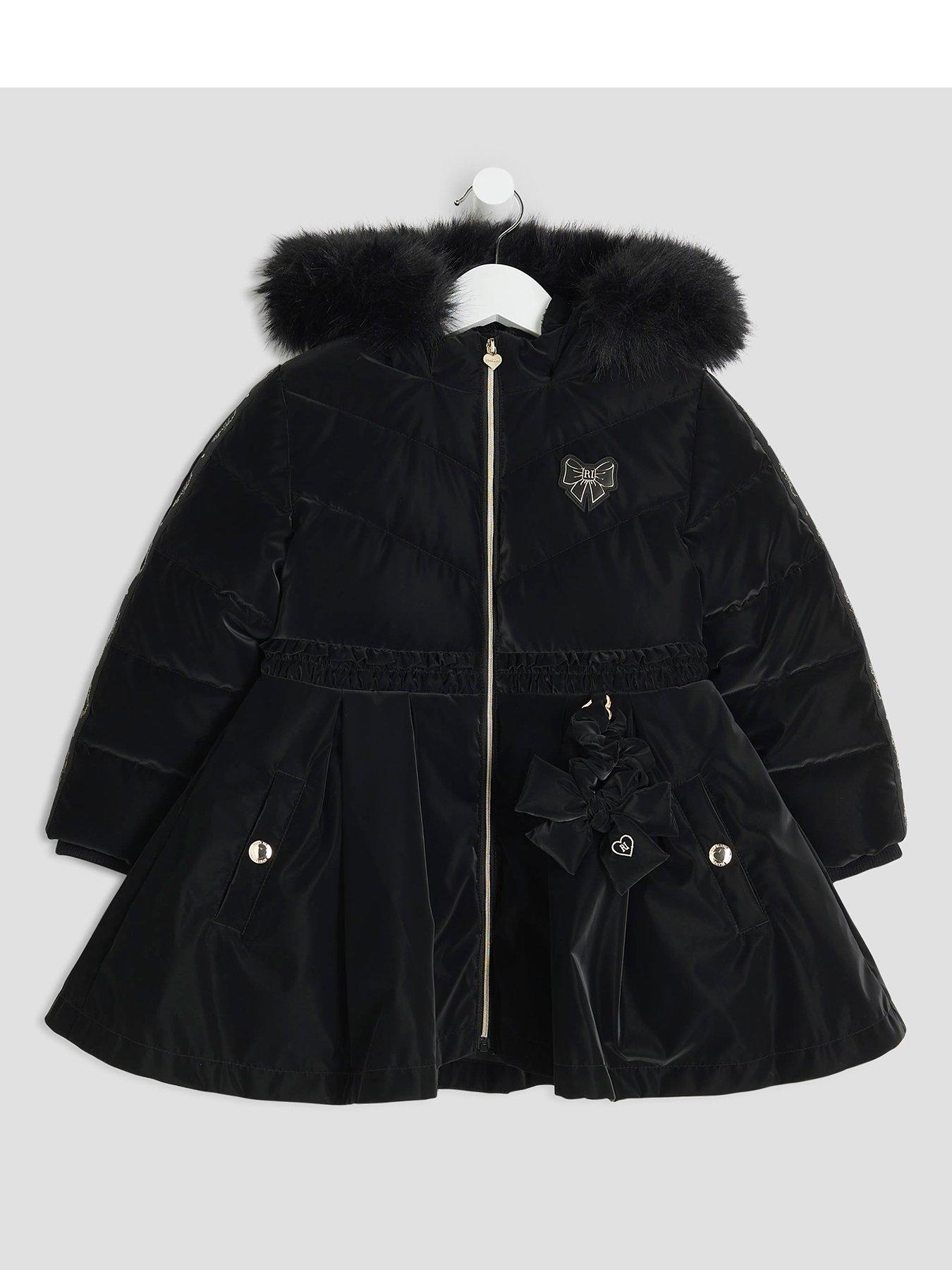 River Island Mini Girls Hooded Peplum Padded Fleece Lined Coat - Black