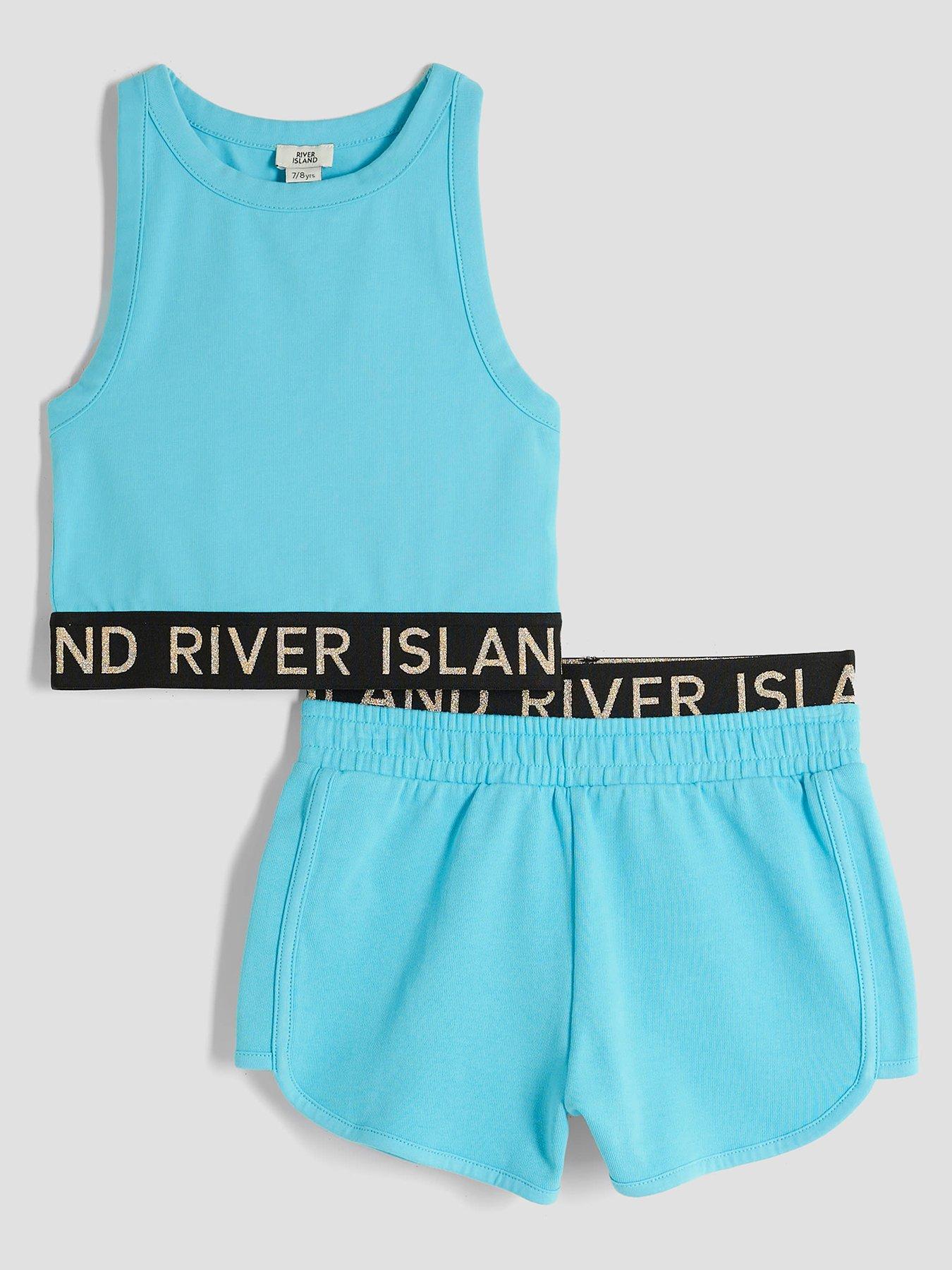 undefined Older Girls Glitter Ri Waistband Tank Top Set  - Blue