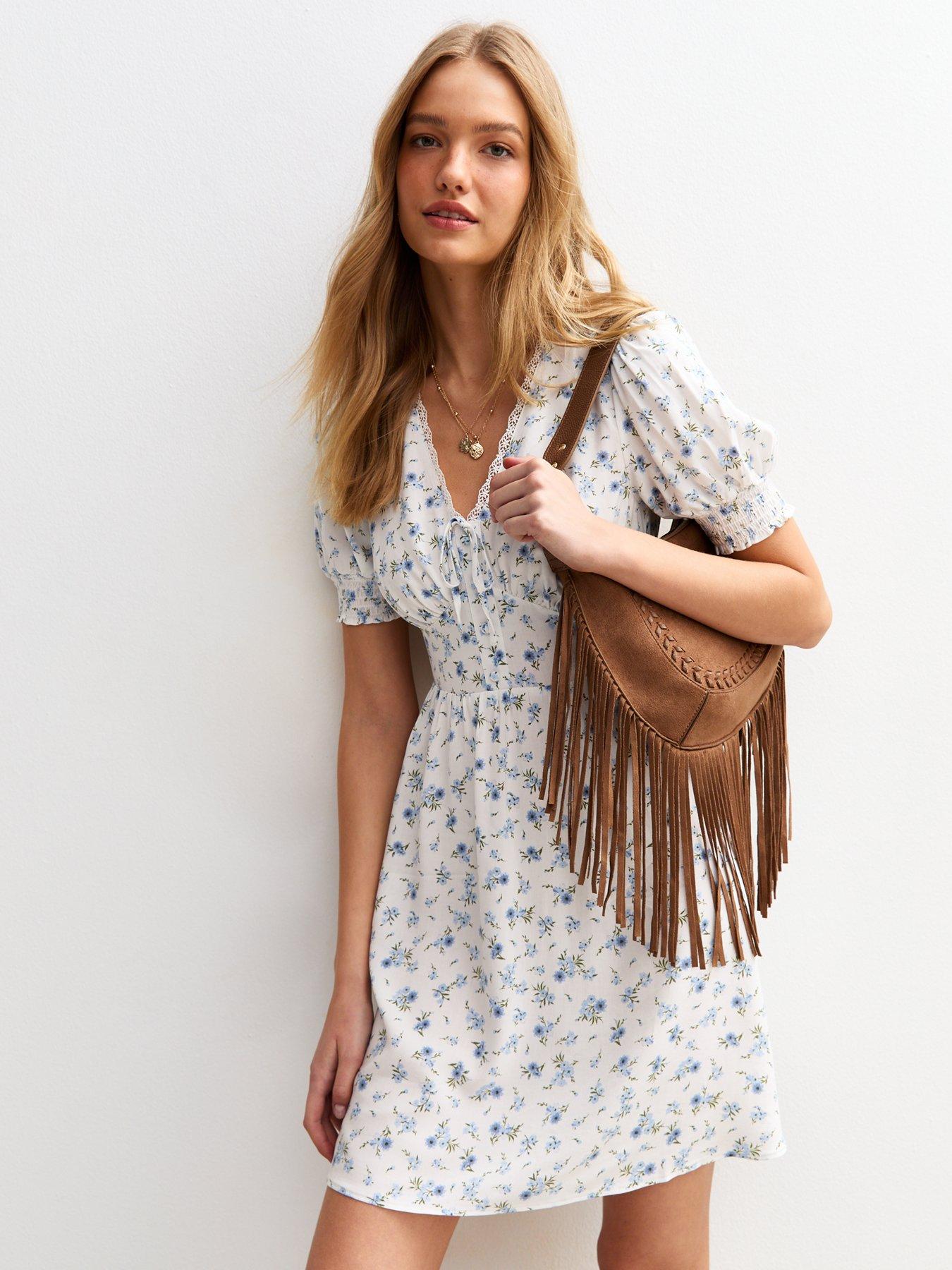 undefined Cream Floral Print Lace Trim Mini Dress
