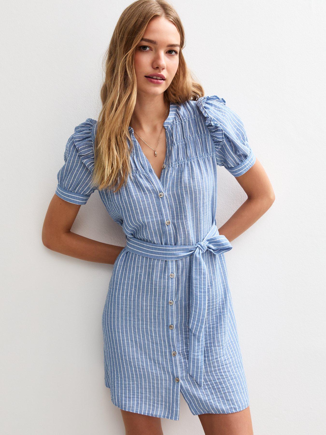 undefined Blue Striped Belted Mini Dress