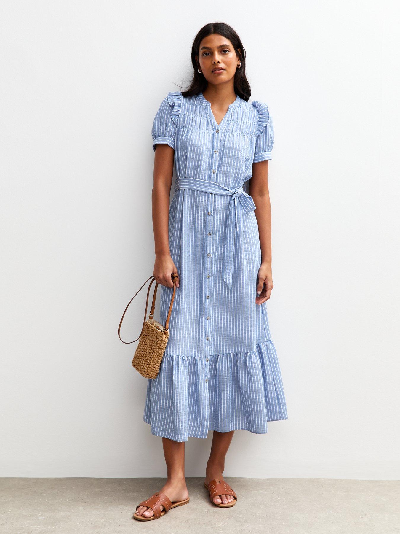 undefined Blue Striped Shirred Shoulder Midi Dress