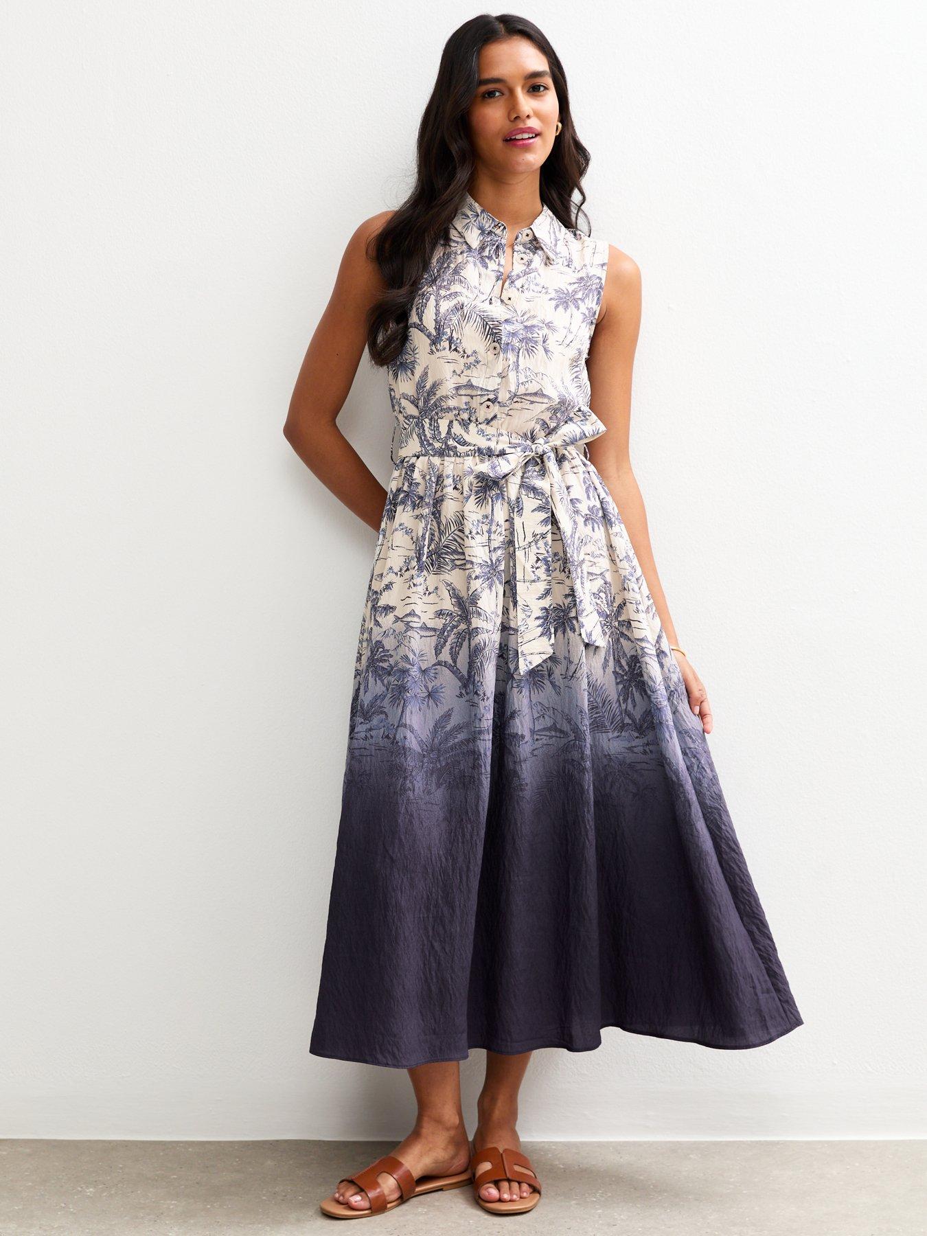undefined Ombre Palm Tree Print Midi Shirt Dress - Blue