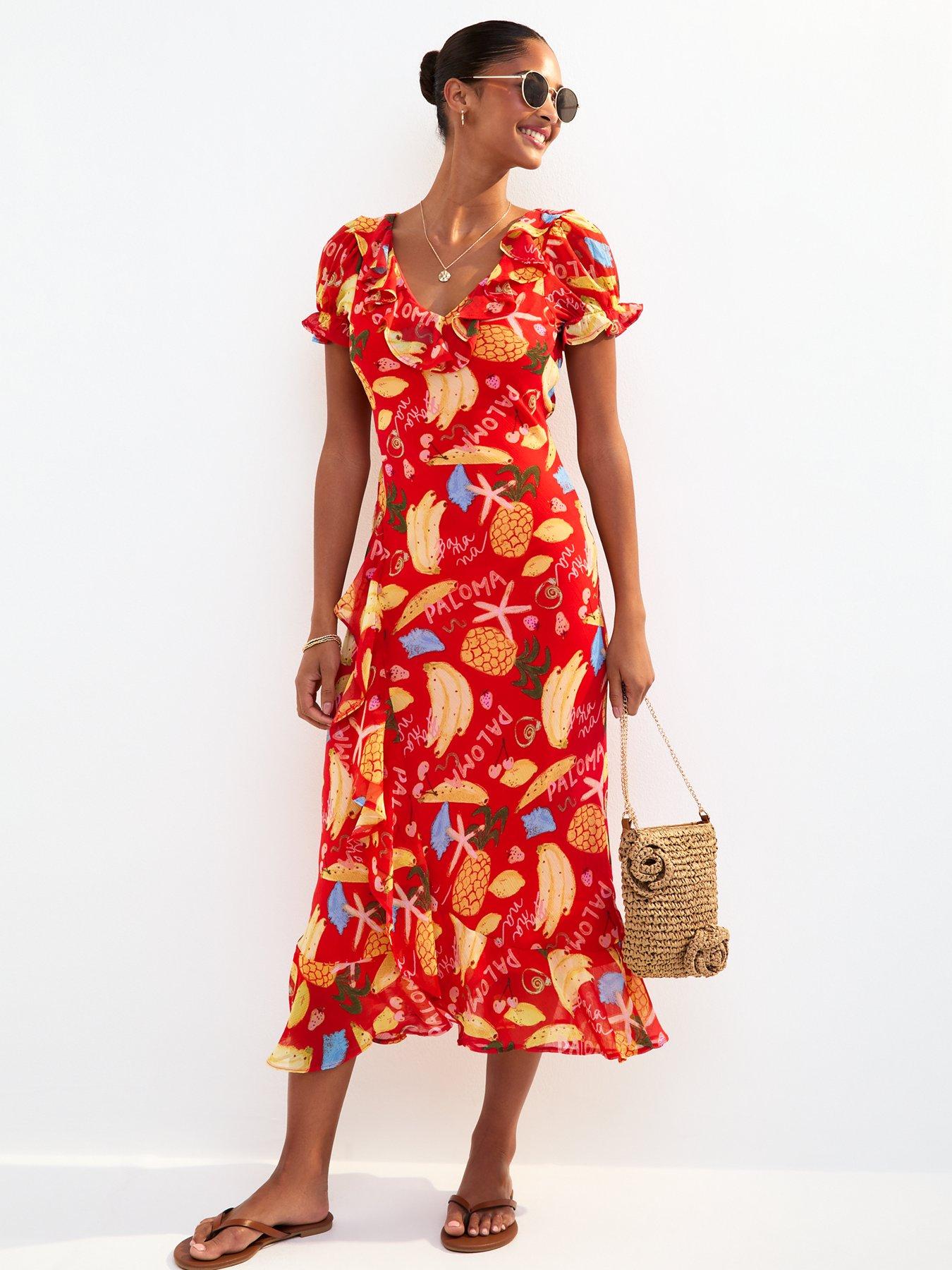 undefined Red Tropical Print Ruffle Trim Chiffon Midi Dress