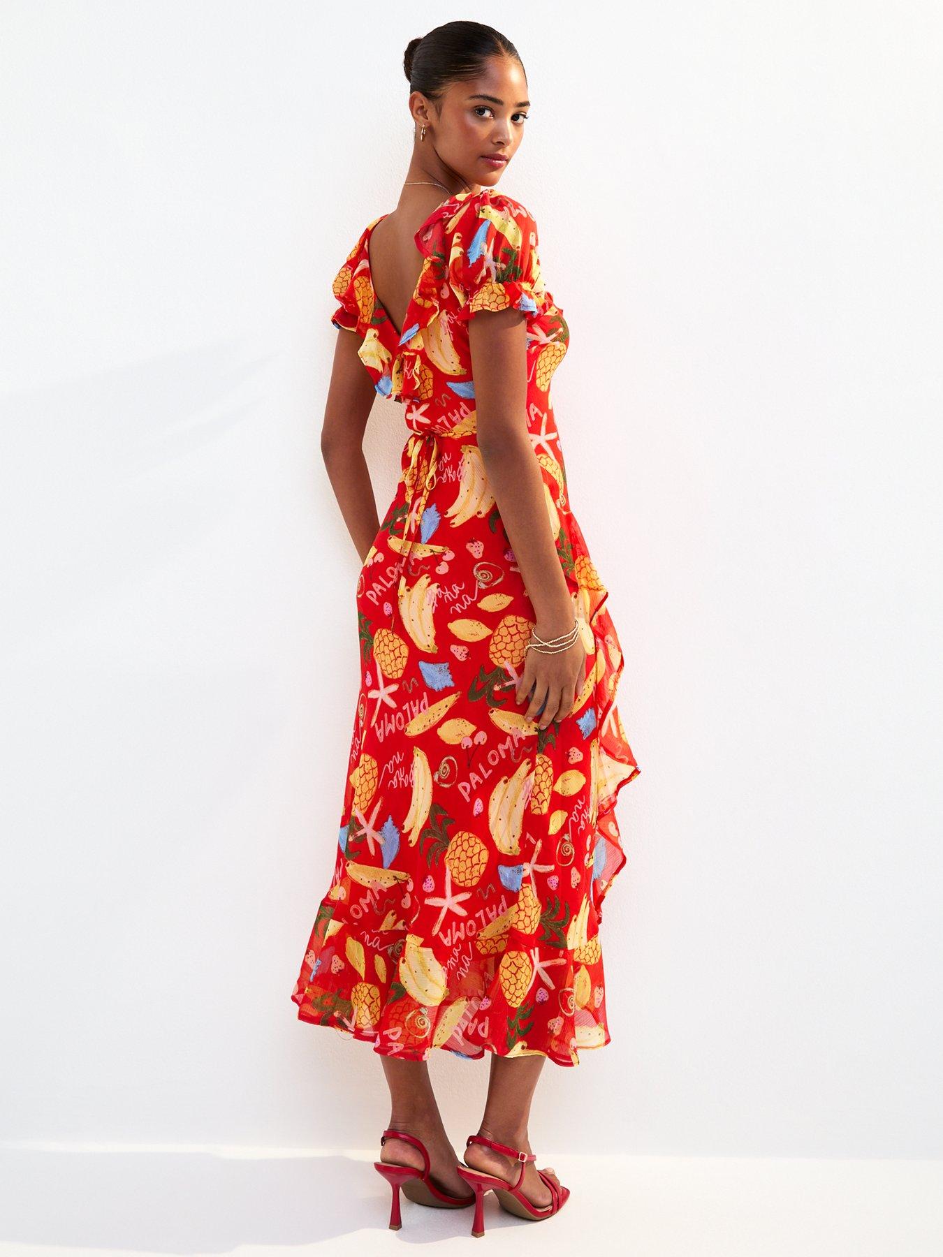 New Look Red Tropical Print Ruffle Trim Chiffon Midi Dress