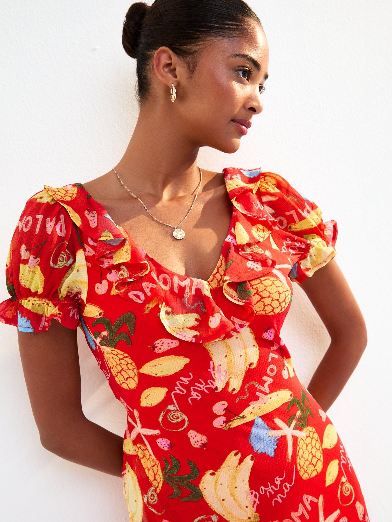New Look Red Tropical Print Ruffle Trim Chiffon Midi Dress