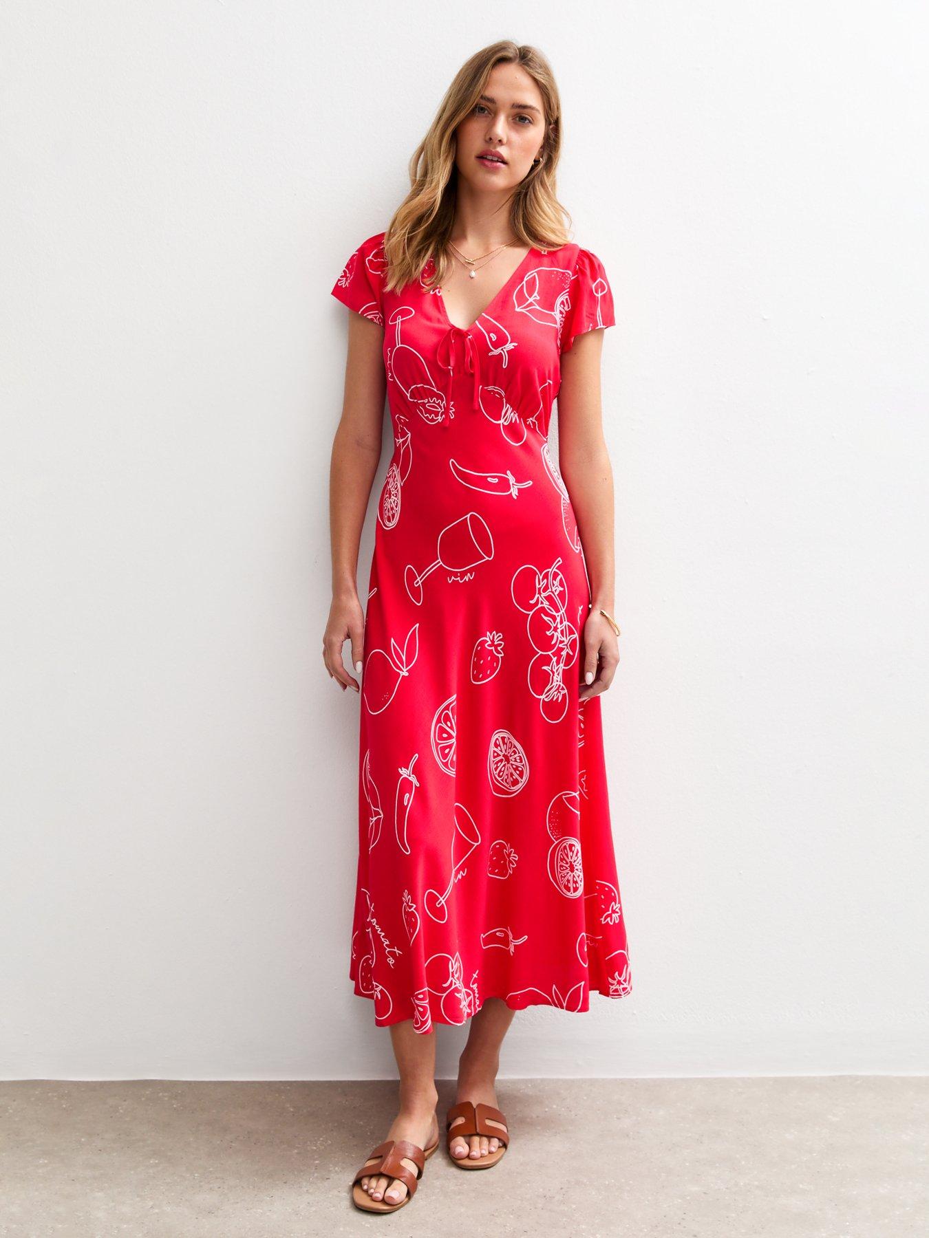 New Look Red Fruit Illustration Print Tie Front Midi Dress