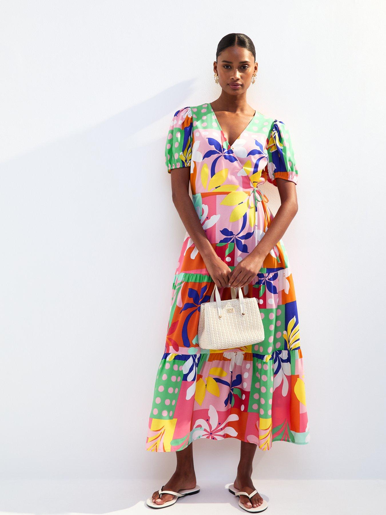 undefined Patchwork Print Wrap Style Midi Dress - Multi
