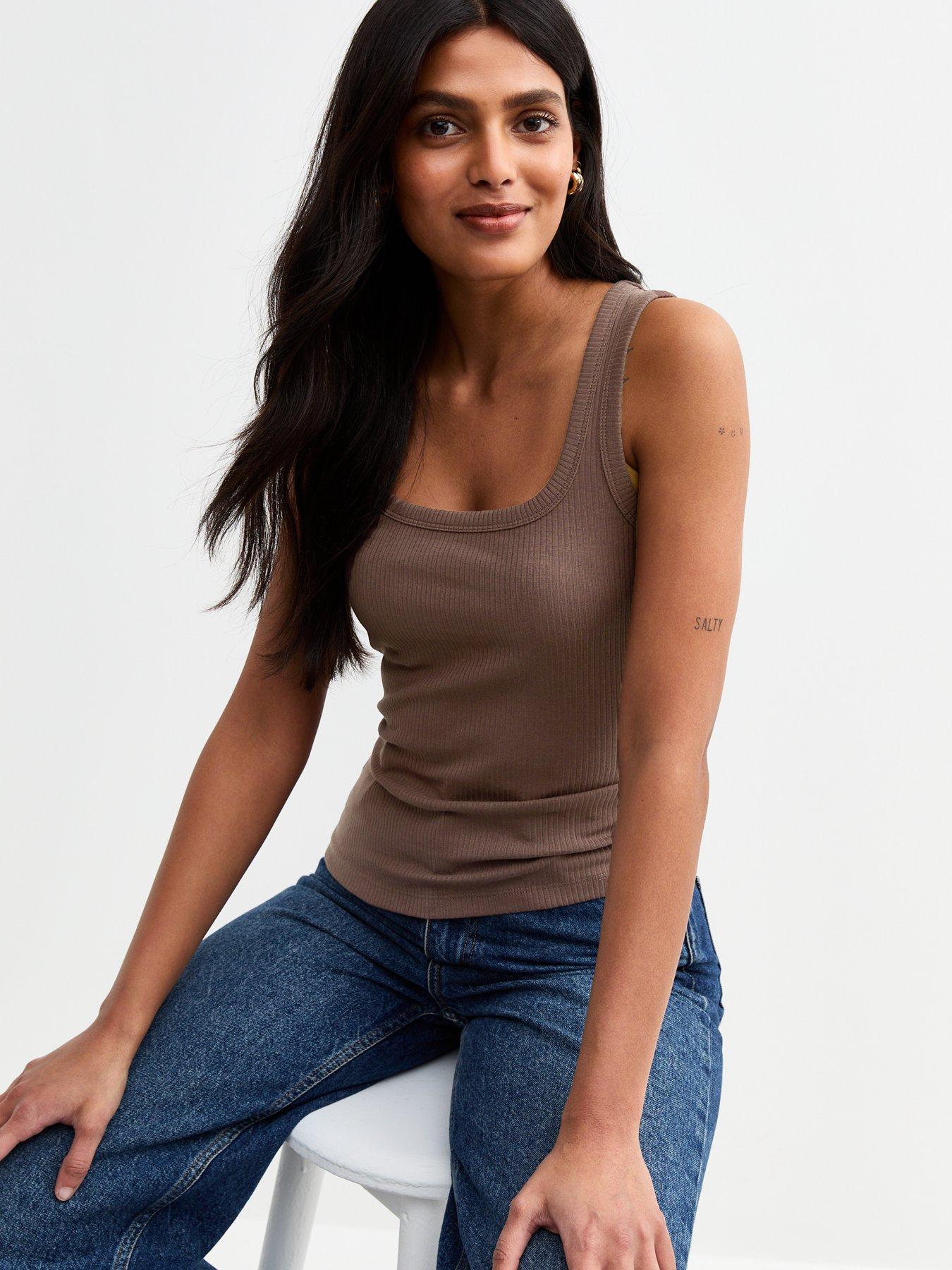 undefined Ribbed Square Neck Vest Top - Brown