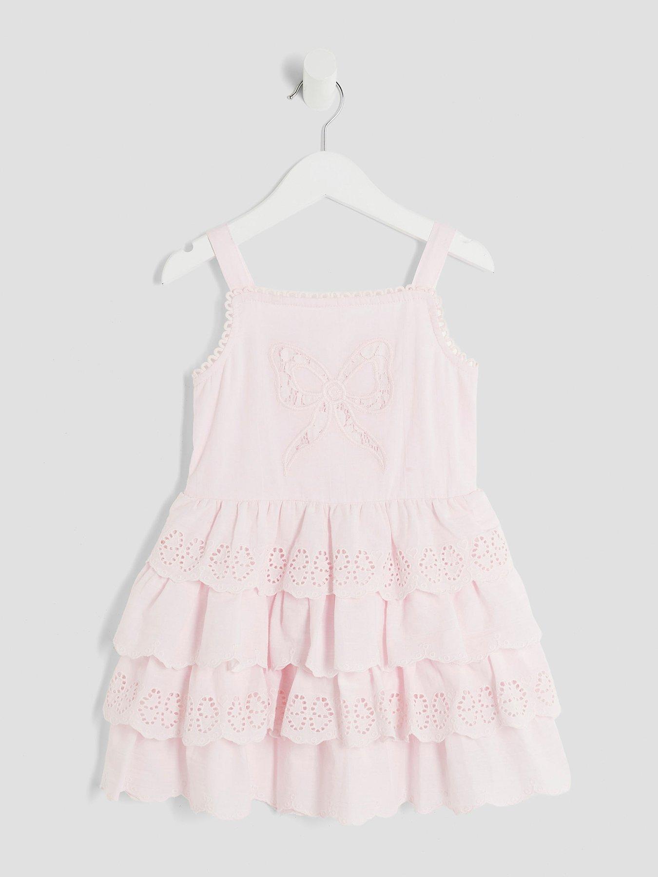undefined Girls Broderie Frill Bow Dress - Pink