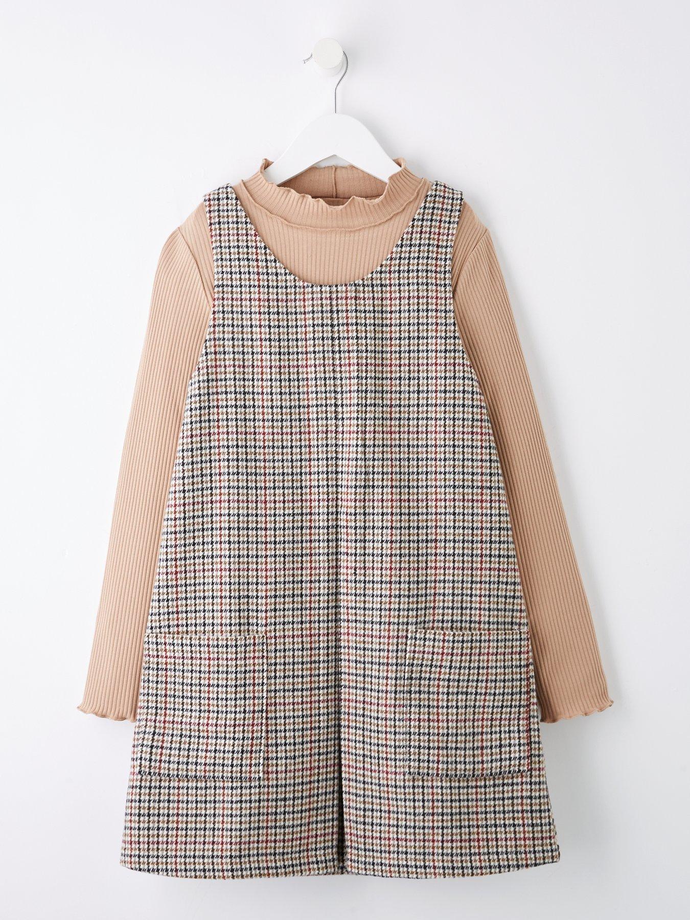 undefined Girls Check Pinafore Dress With Matching Top - Multi