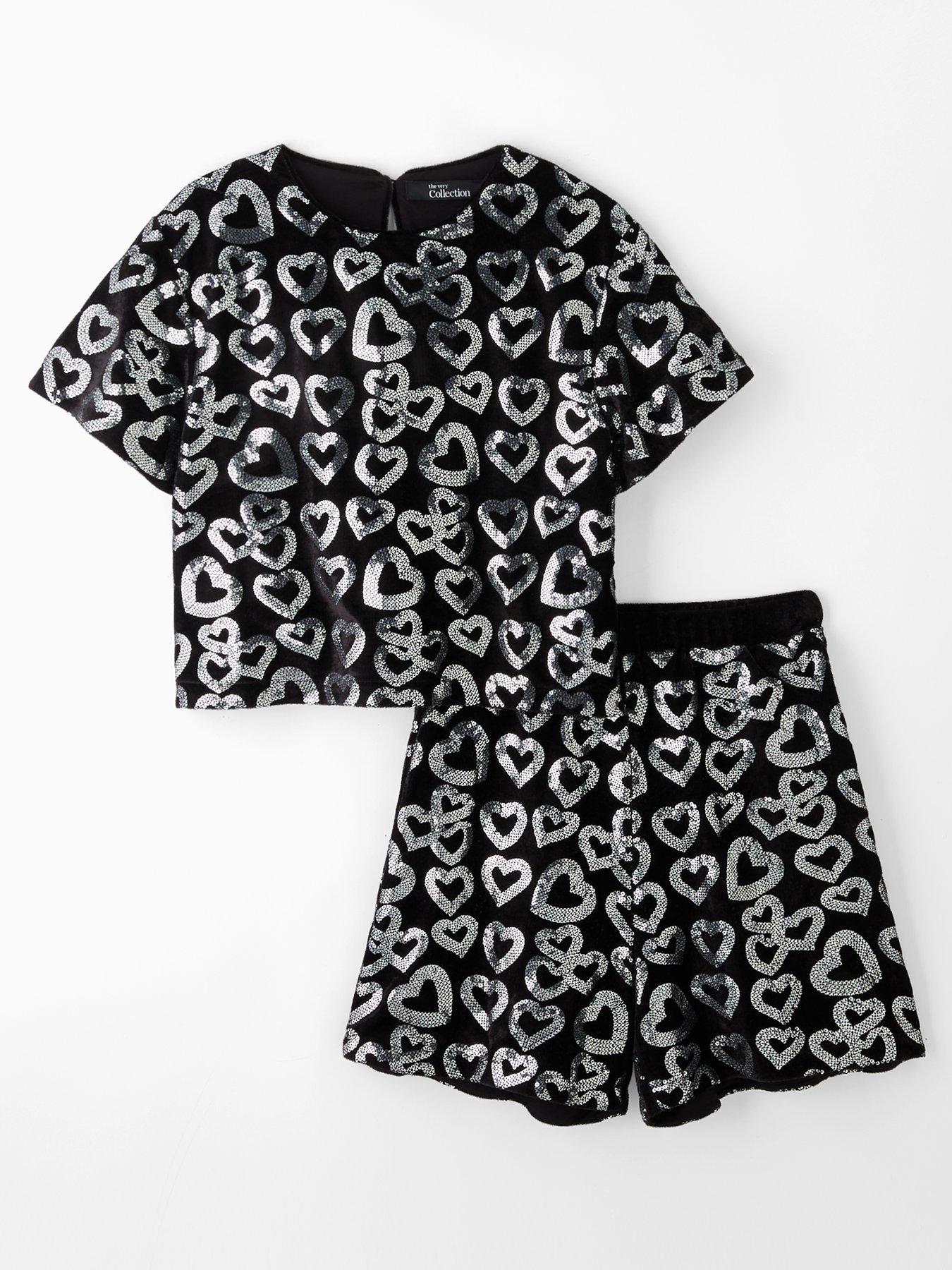 undefined Girls Sequin Shorts And Short Sleeve T-Shirt - Black