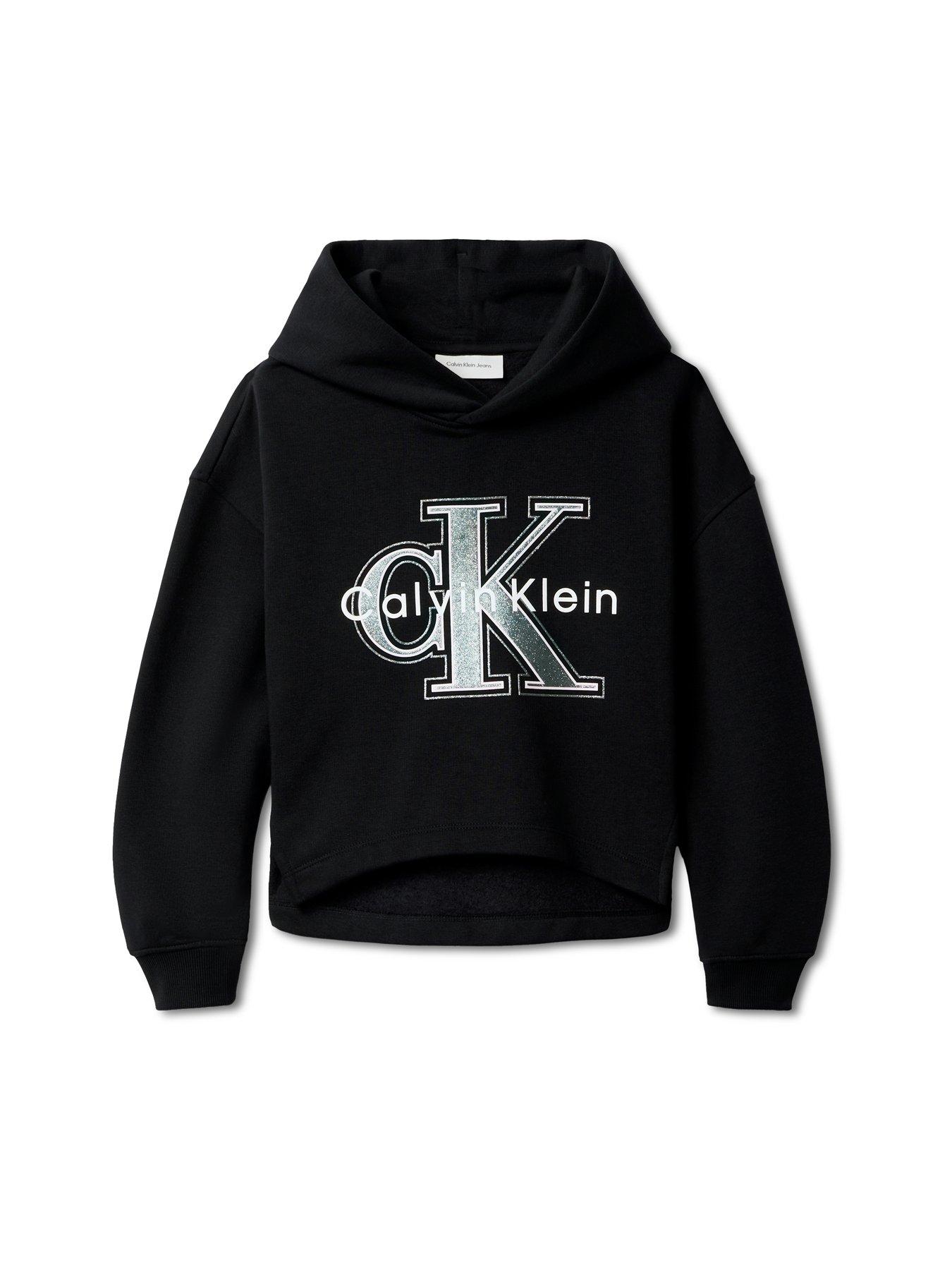Calvin Klein Jeans Girls Graphic Fleece Hoodie, Black, Size Age: 14 Years