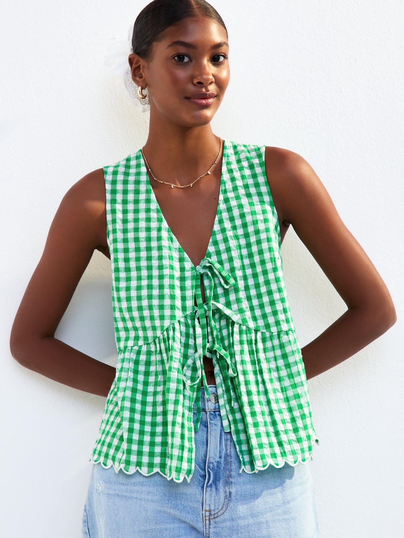 undefined Green Gingham Check Tie Front Top