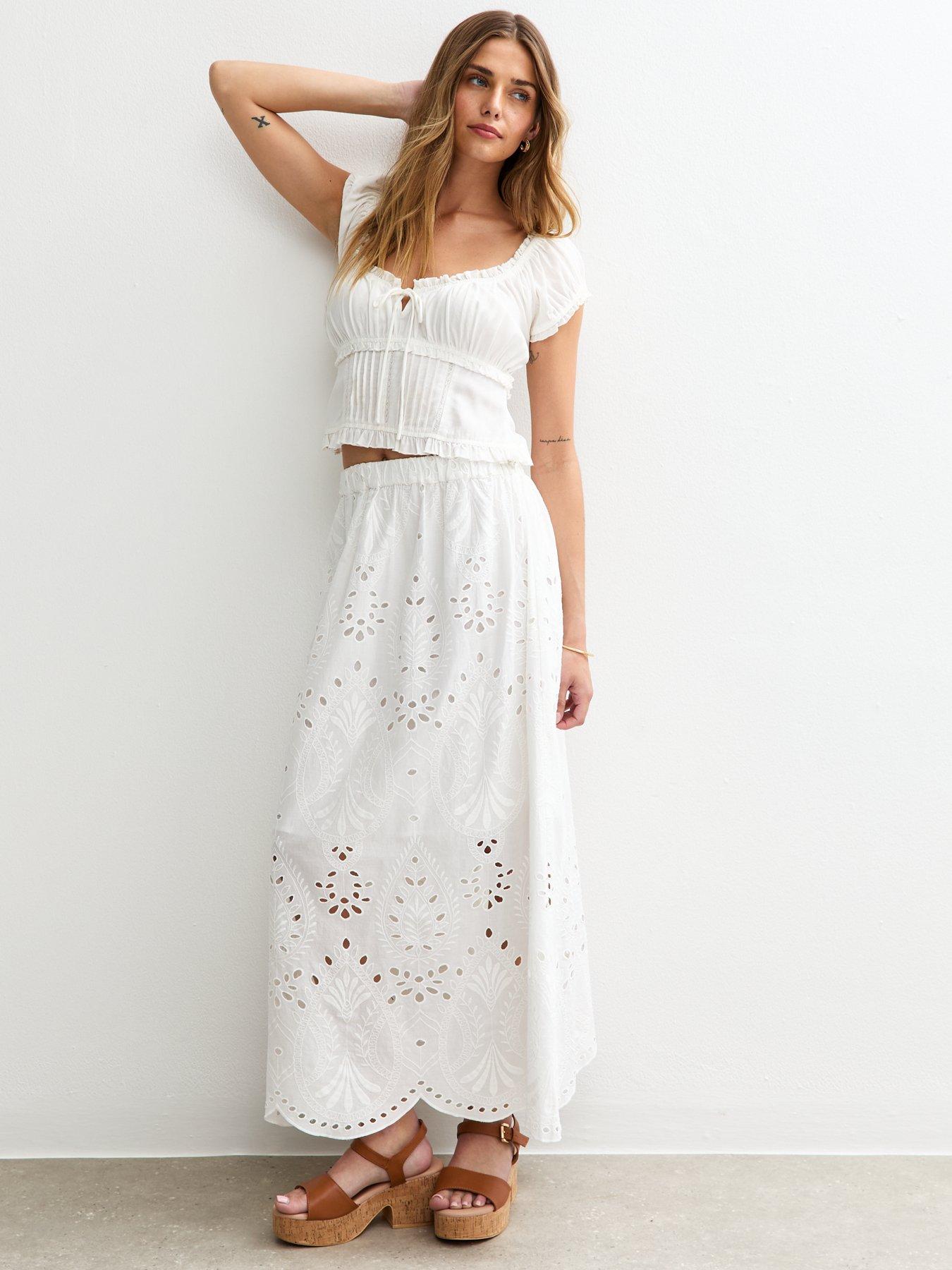 New Look: Embroidered Midi Skirt - White
