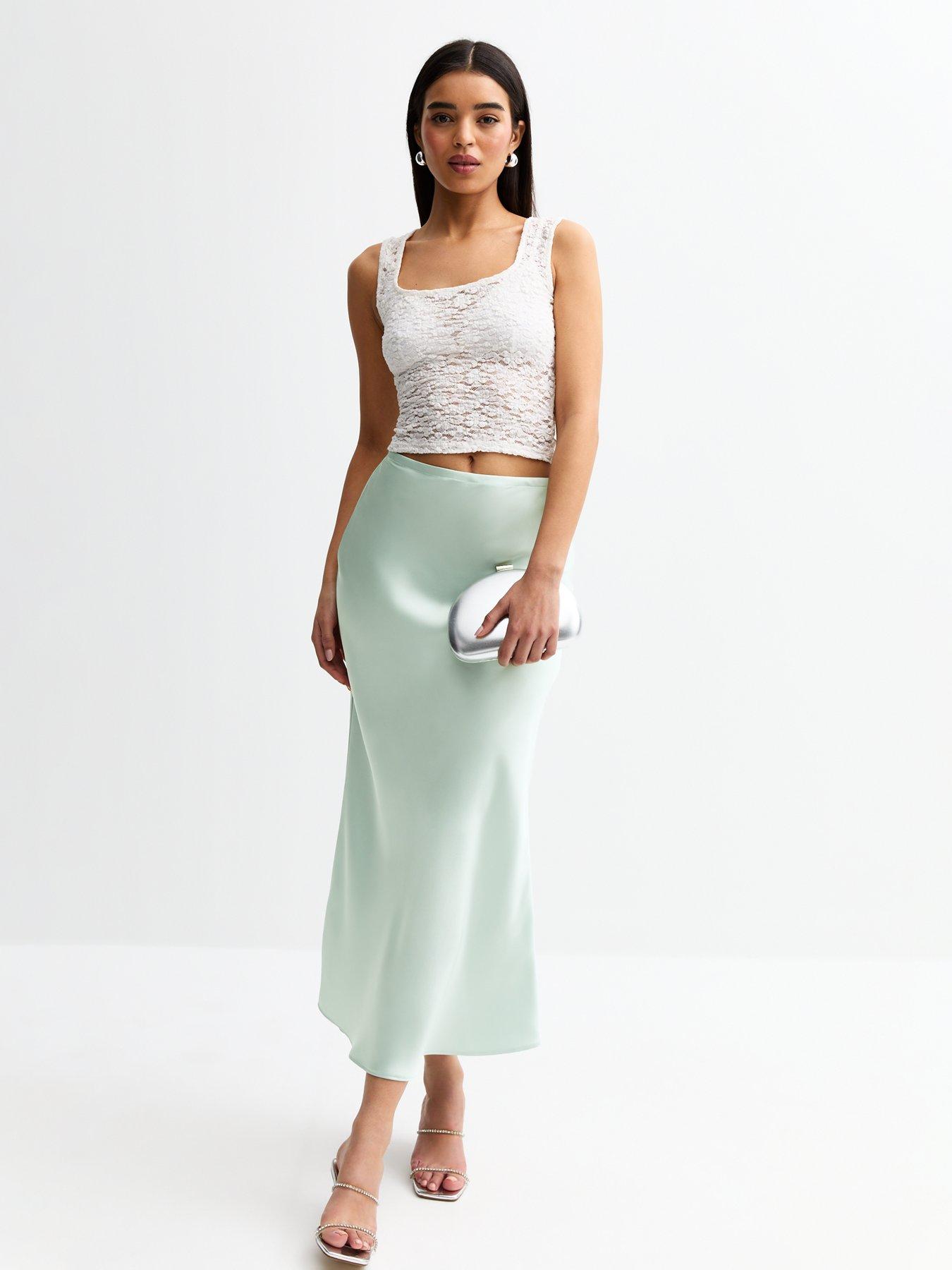undefined Light Blue Bias Cut Satin Midi Skirt