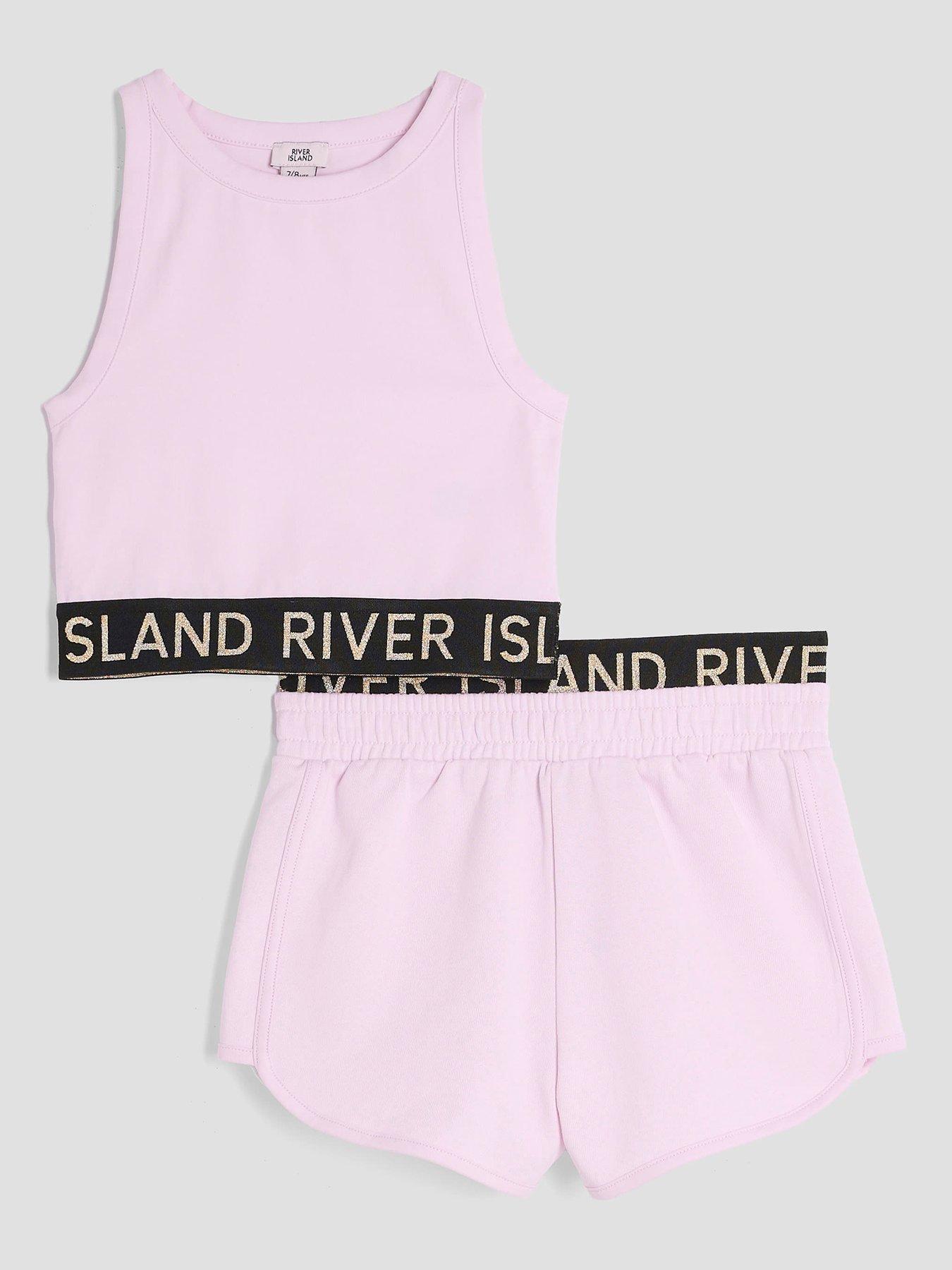 Image 1 of 3 of River Island Older Girls Glitter Ri Waistband Tank Top Set  - Pink