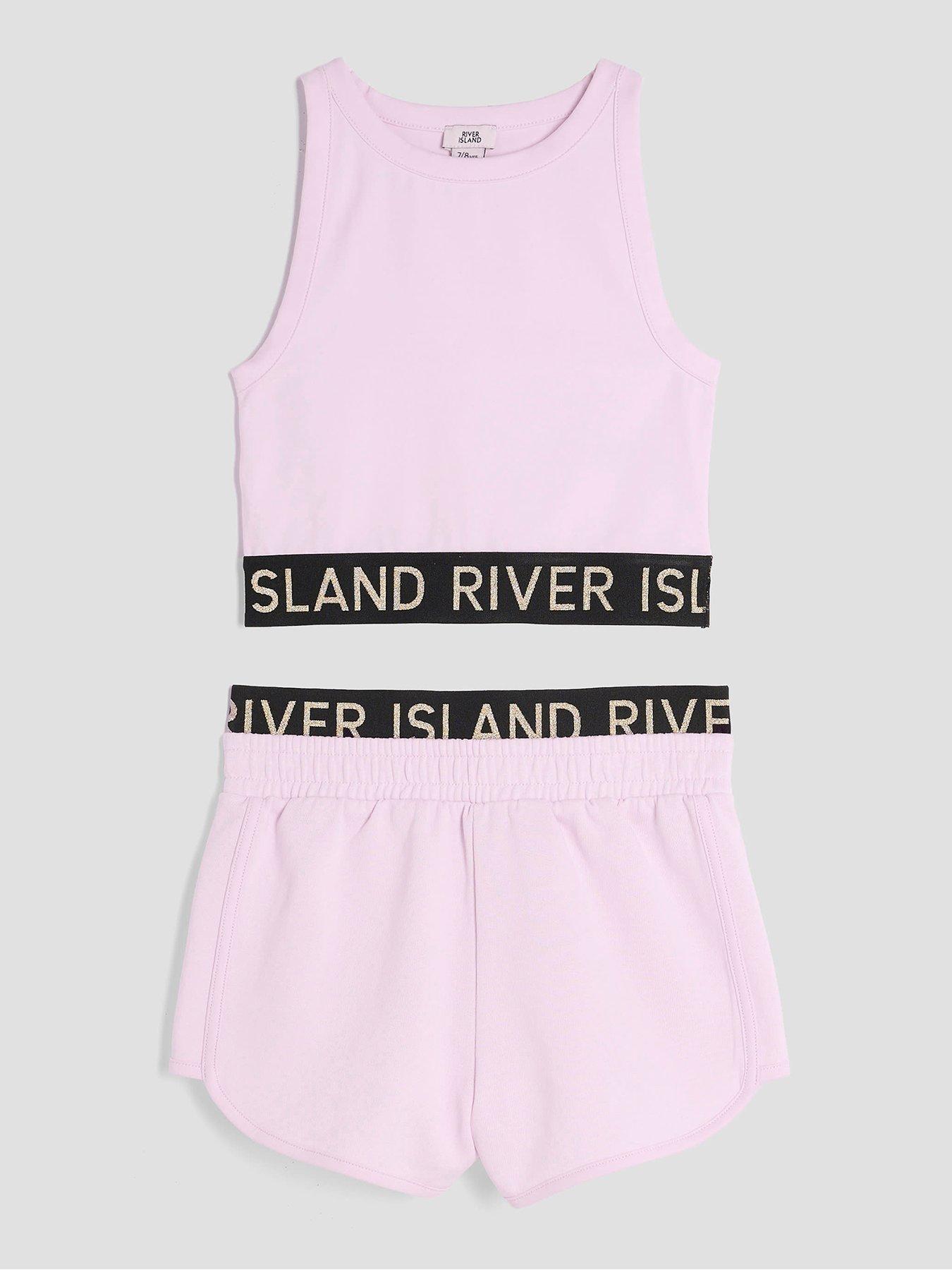 Image 2 of 3 of River Island Older Girls Glitter Ri Waistband Tank Top Set  - Pink