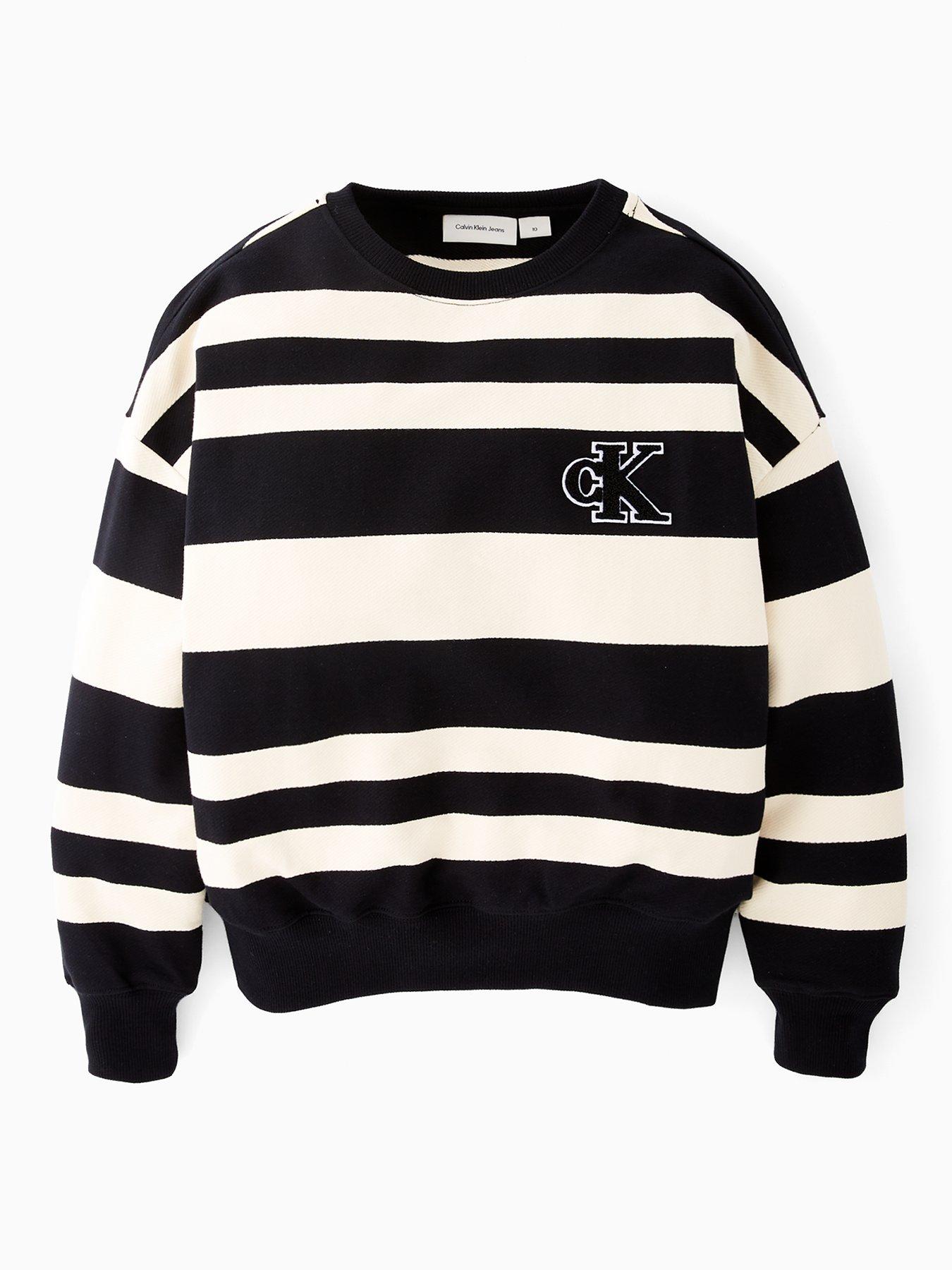 Calvin Klein Jeans Boys Striped Modern Crew Neck Sweatshirt - Black/Whitecap Grey