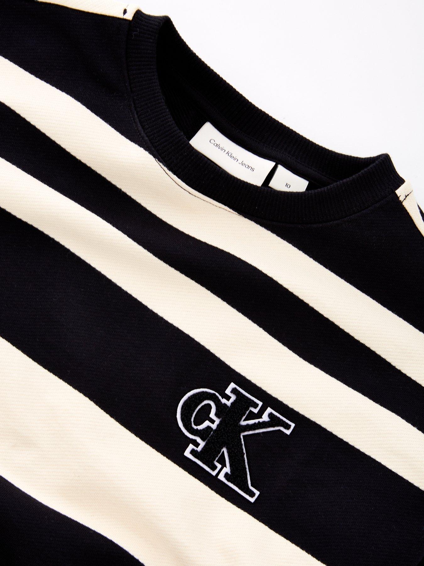 Image 3 of 4 of Calvin Klein Jeans Boys Striped Modern Crew Neck Sweatshirt - Black/Whitecap Grey