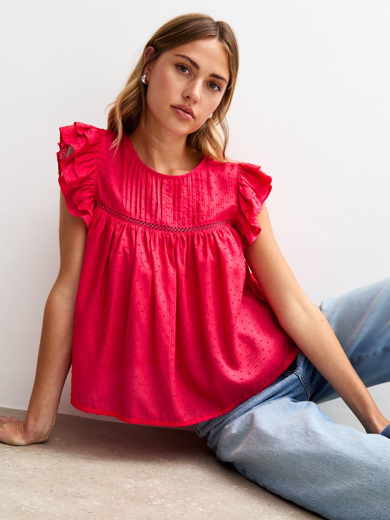 undefined Red Lace Insert Ruffle Trim Sleeveless Top