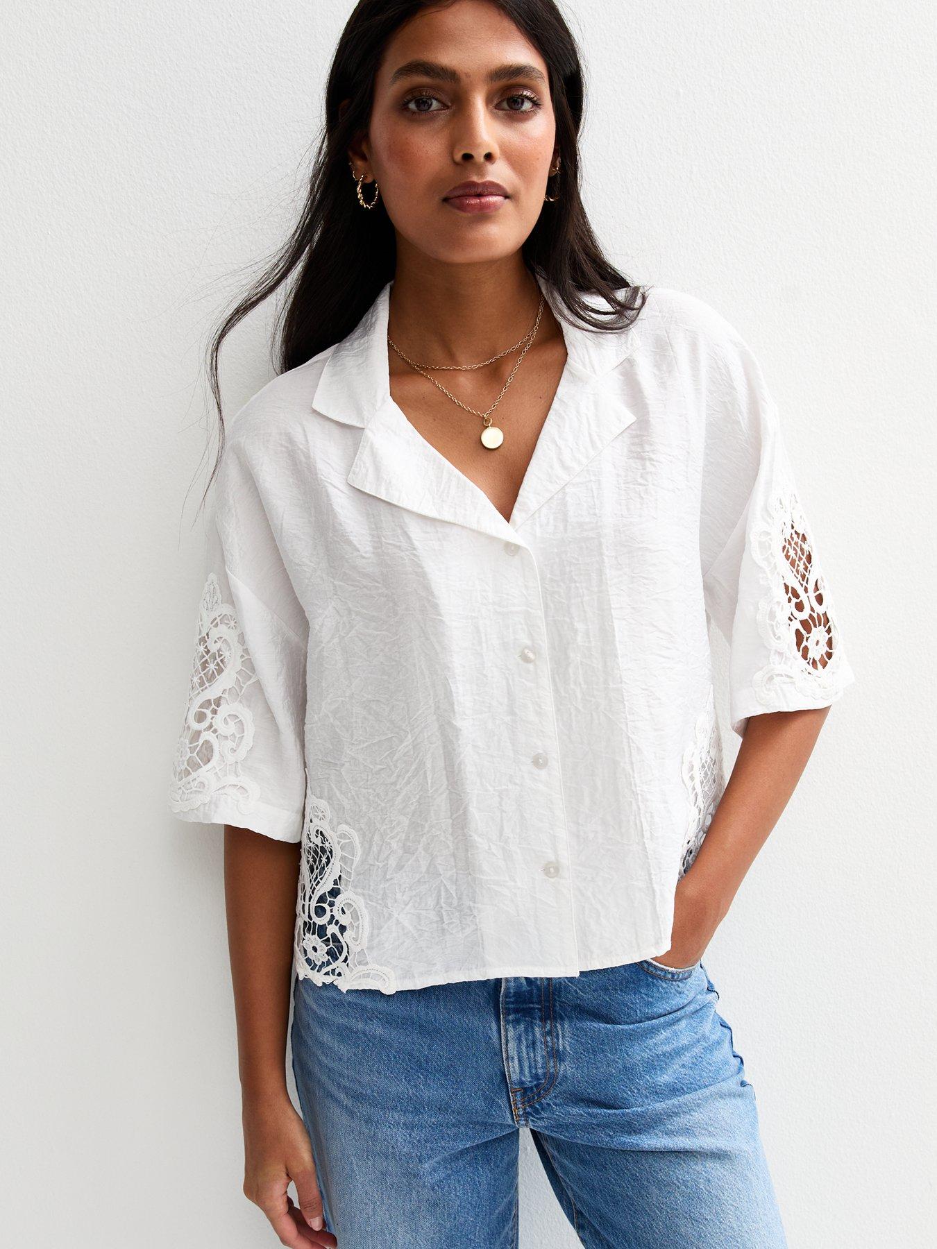 undefined Lace Insert Short Sleeve Blouse - White