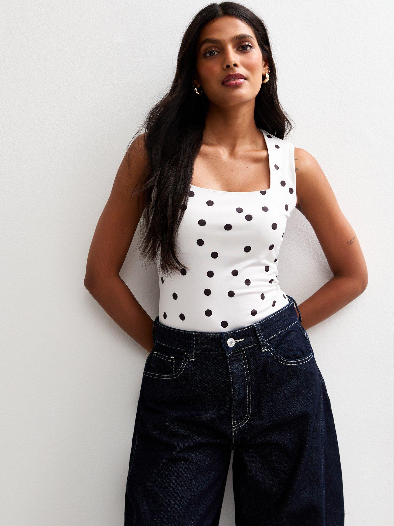 undefined White Polka Dot Square Neck Bodysuit