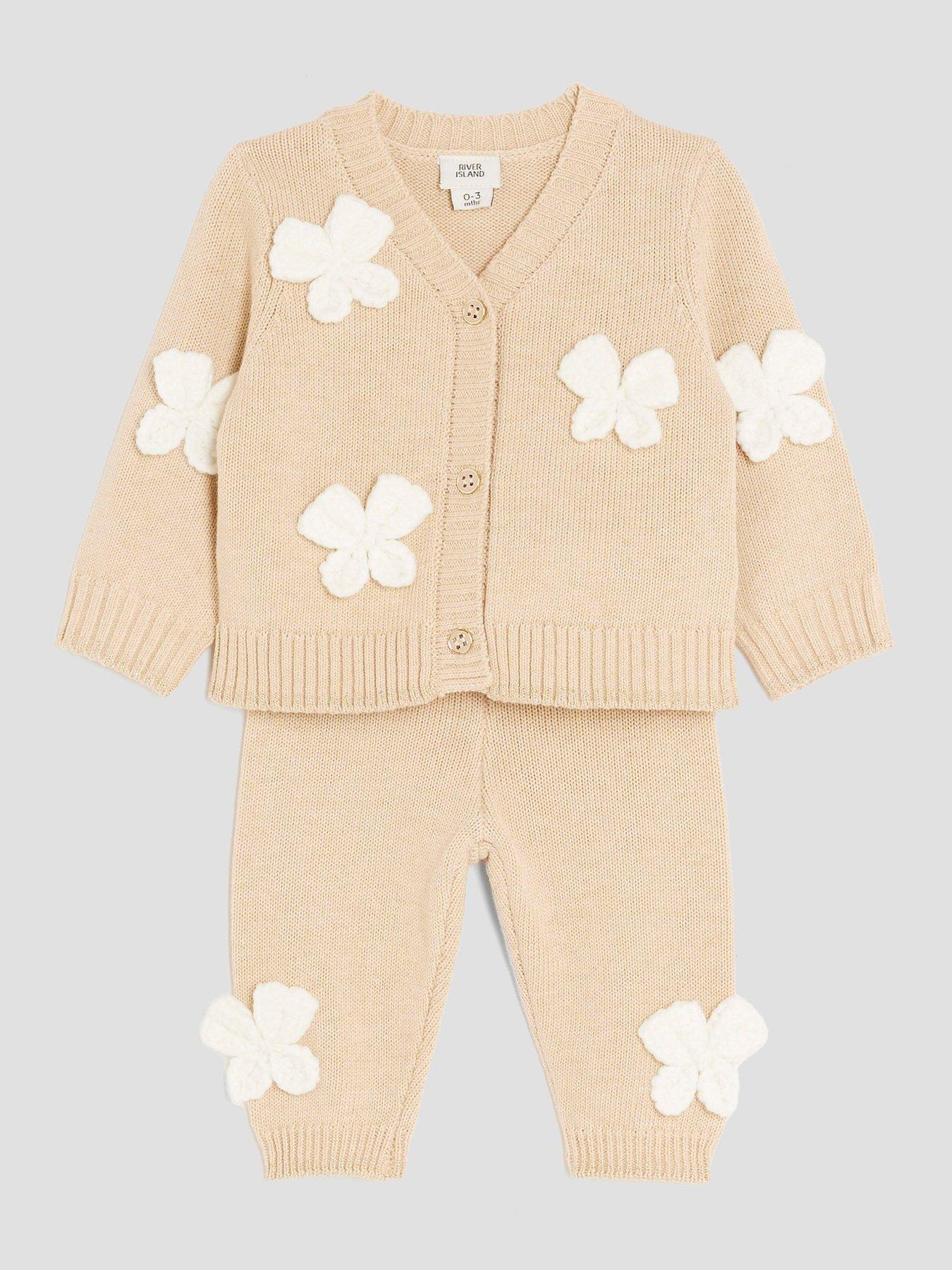 Image 3 of 5 of River Island Baby Girls Crochet Bow Cardigan Set - Beige