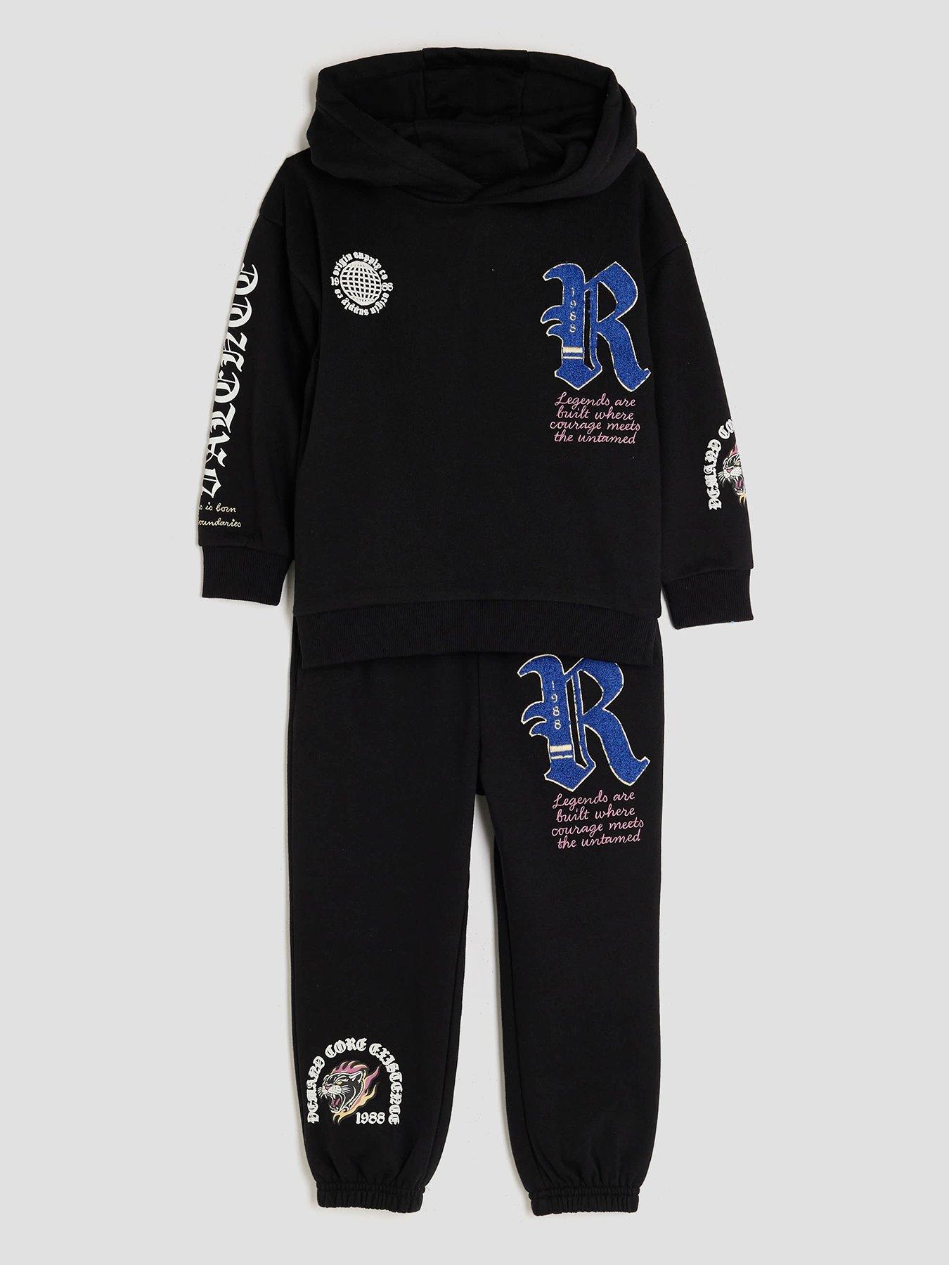 Image 1 of 4 of River Island Mini Boys Back Print Badge Gothic Hoodie Set - Black