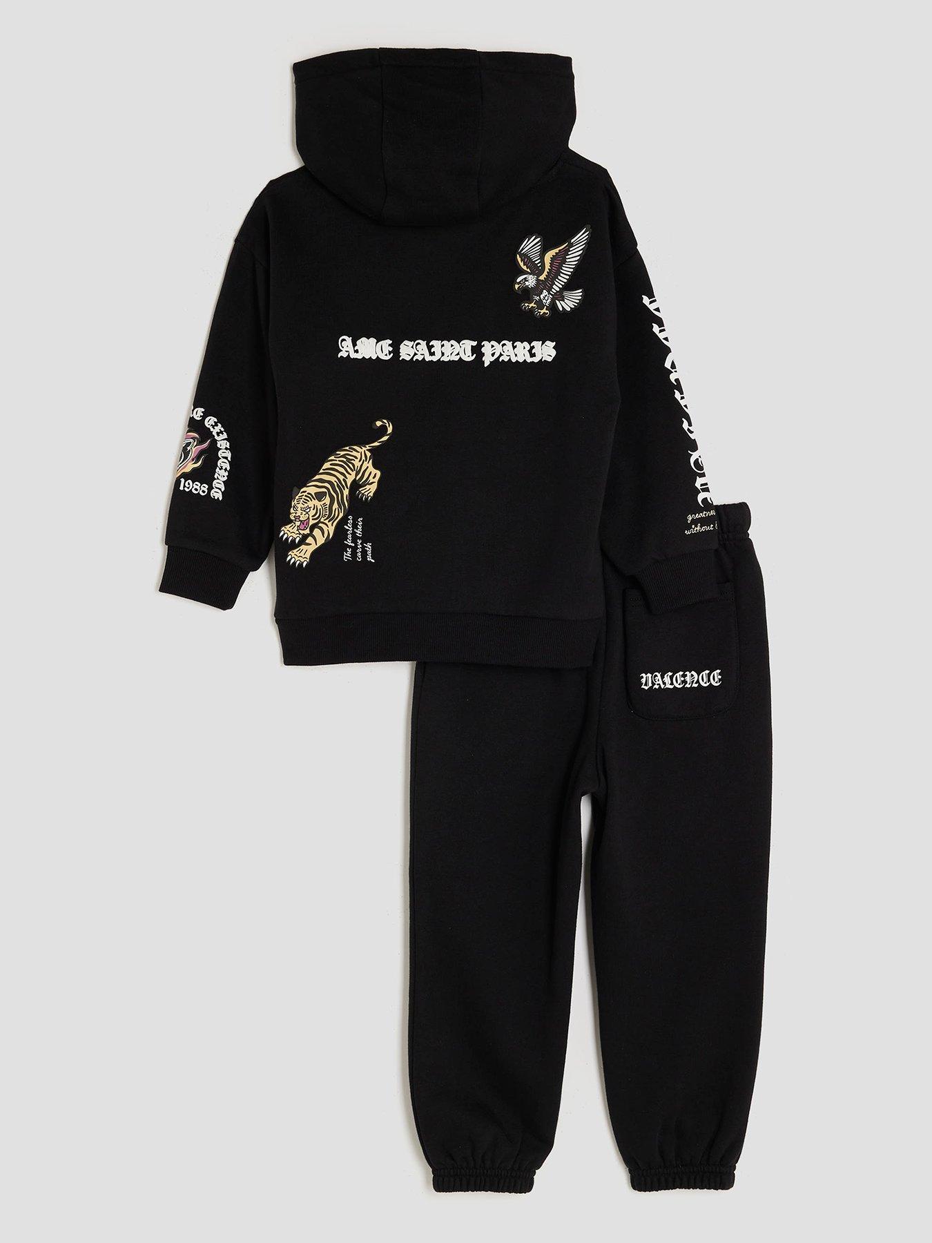 Image 2 of 4 of River Island Mini Boys Back Print Badge Gothic Hoodie Set - Black