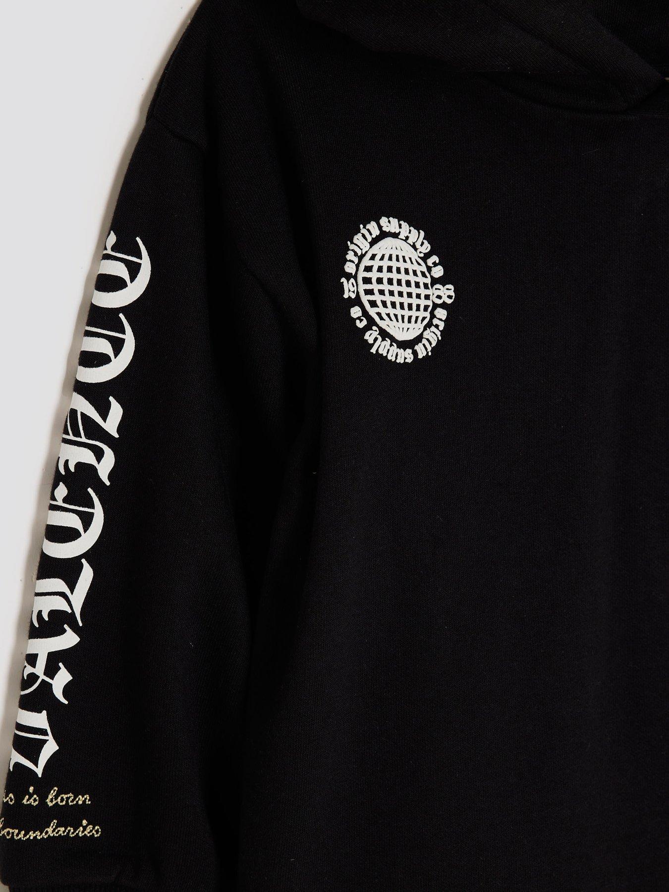 Image 4 of 4 of River Island Mini Boys Back Print Badge Gothic Hoodie Set - Black