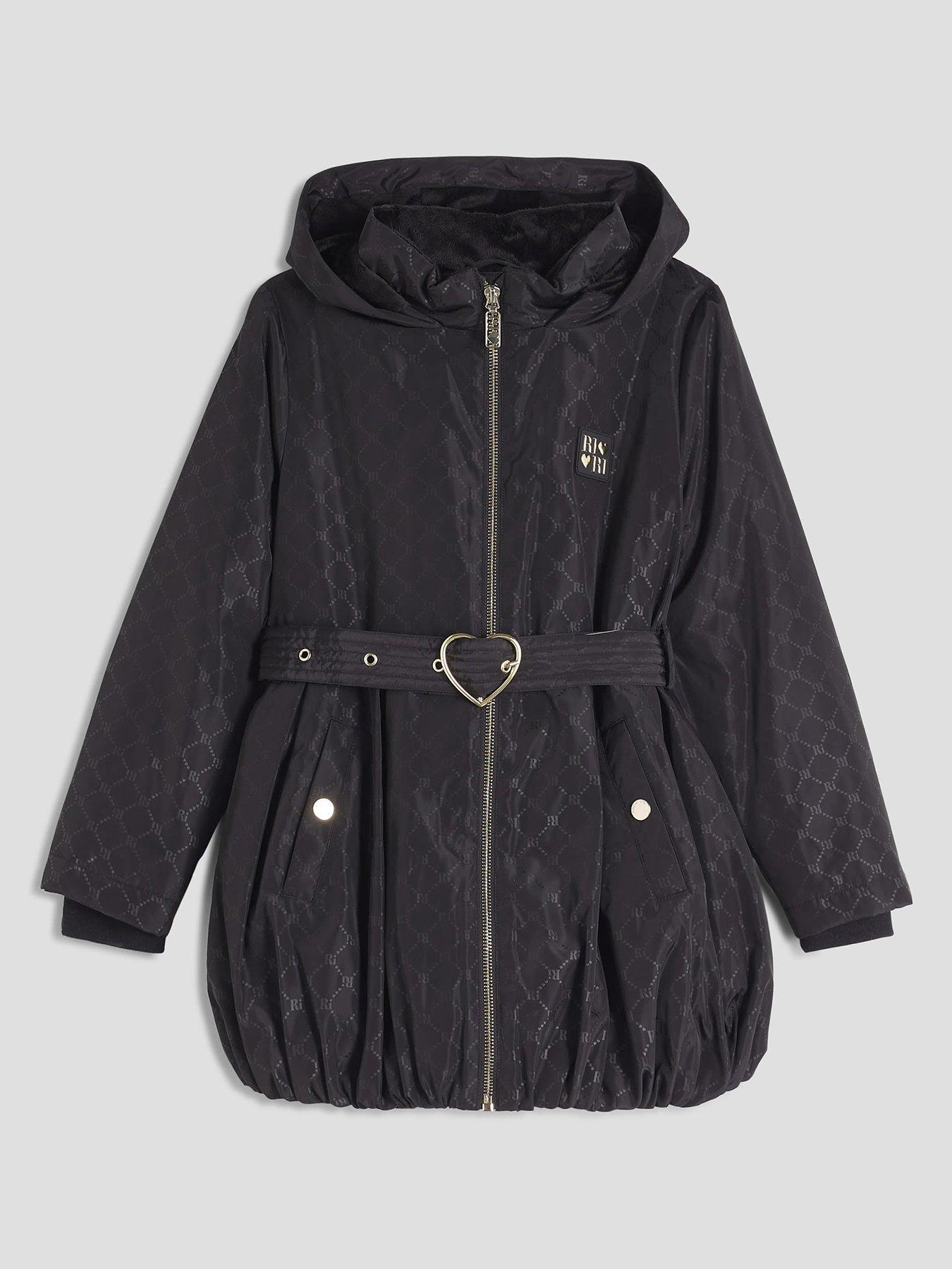 undefined Older Girls Monogram Bubble Hem Coat - Black