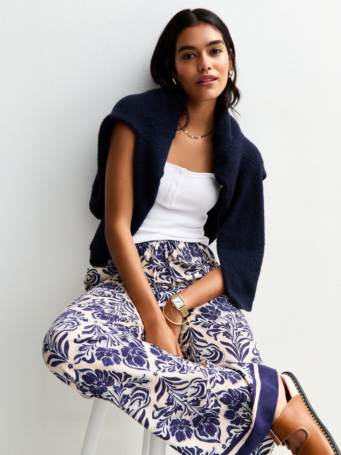 New Look Floral Geometric Print Wide Leg Trouser Blue Very