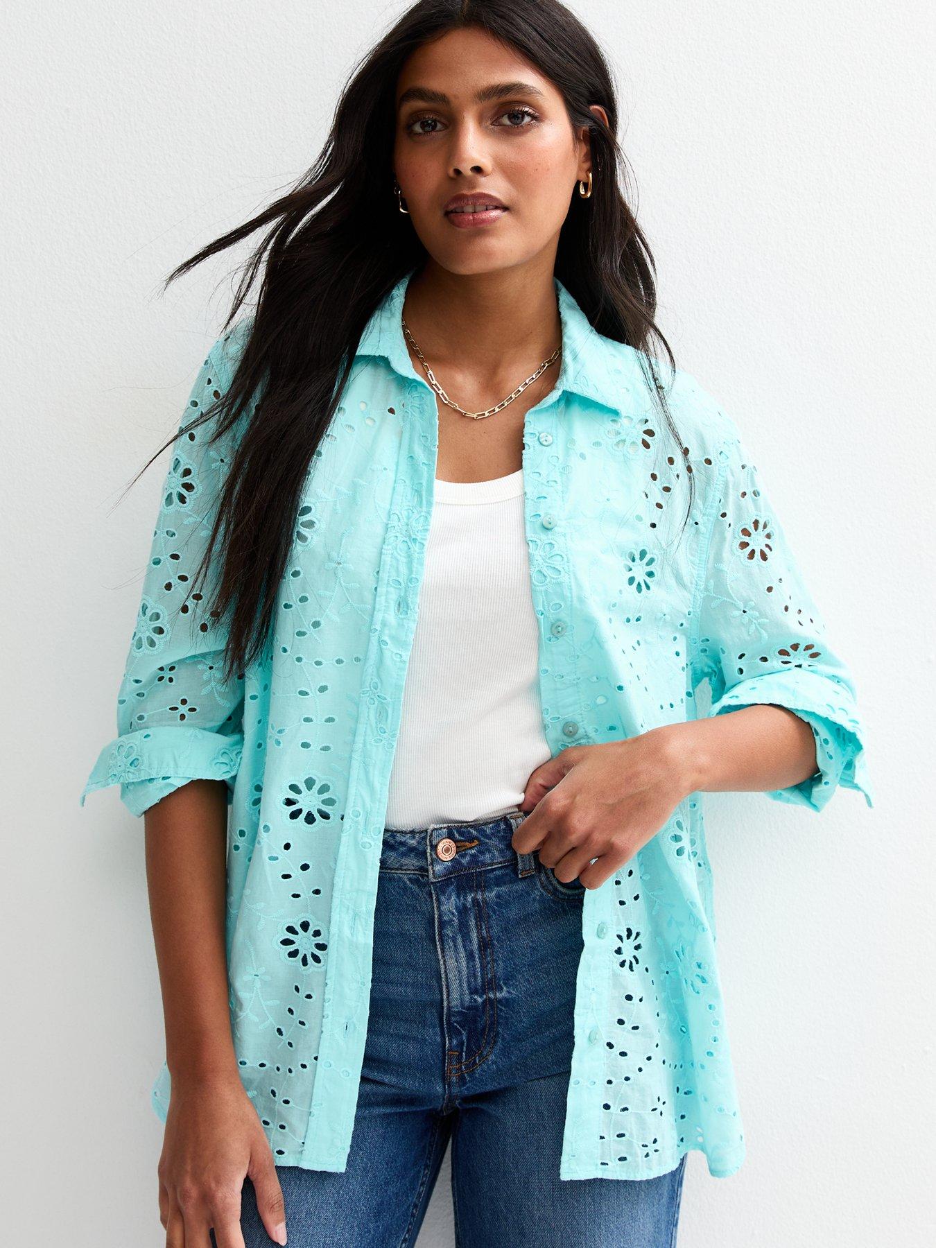 undefined Turquoise Broderie Anglaise Long Sleeve Shirt - Blue
