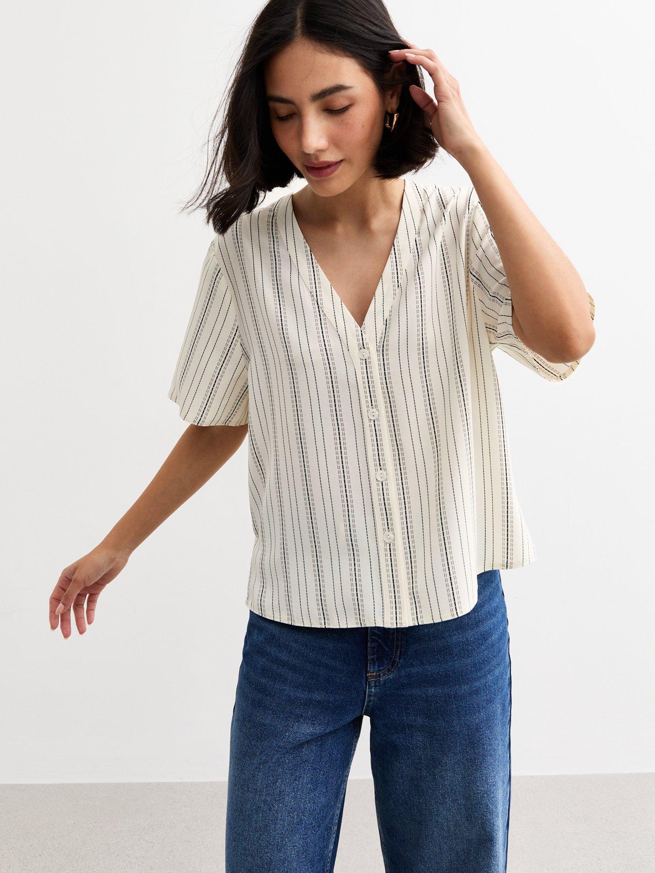 undefined Cream Striped Button Up Top