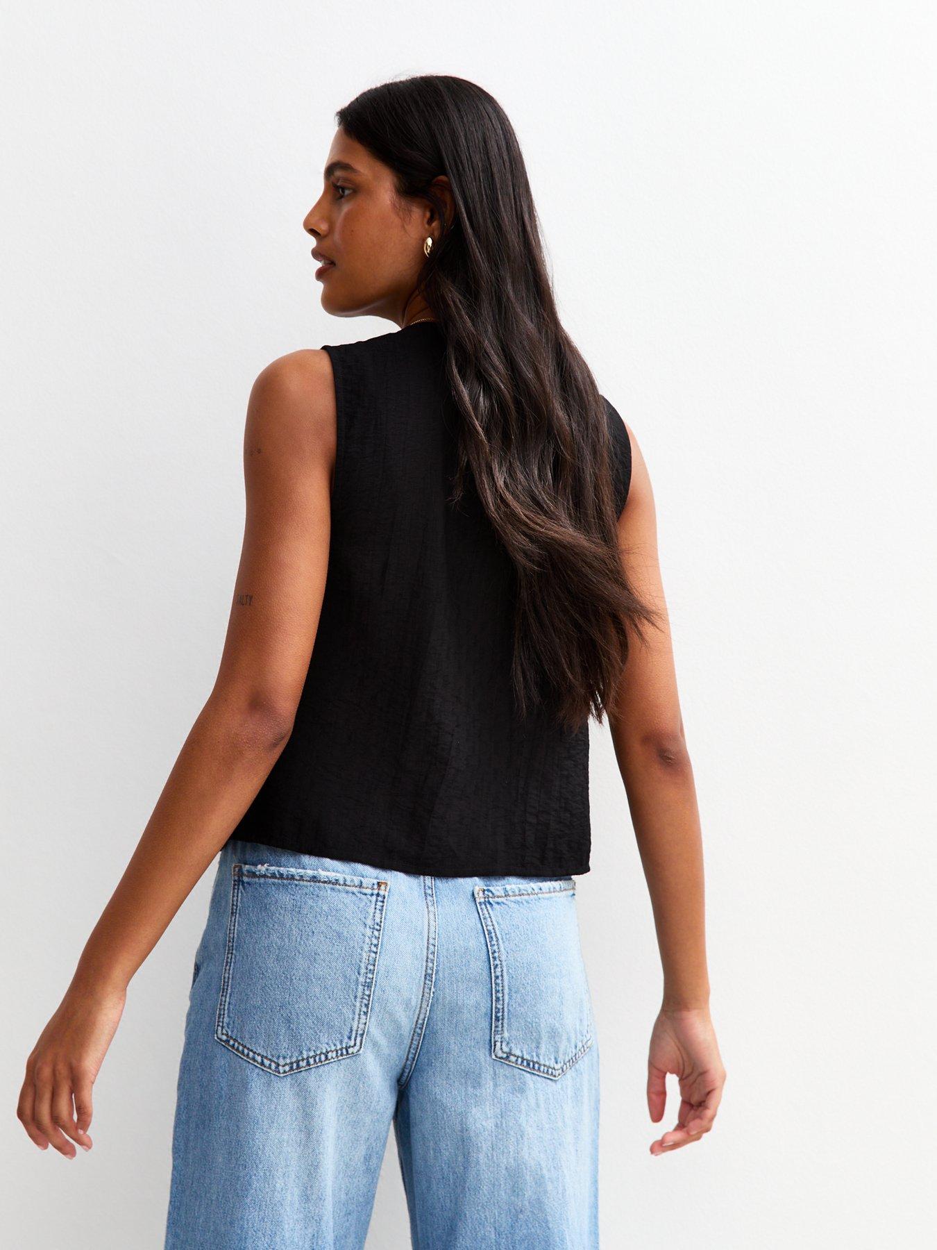 Image 2 of 4 of New Look Black Pleated Tie Front Sleeveless Top