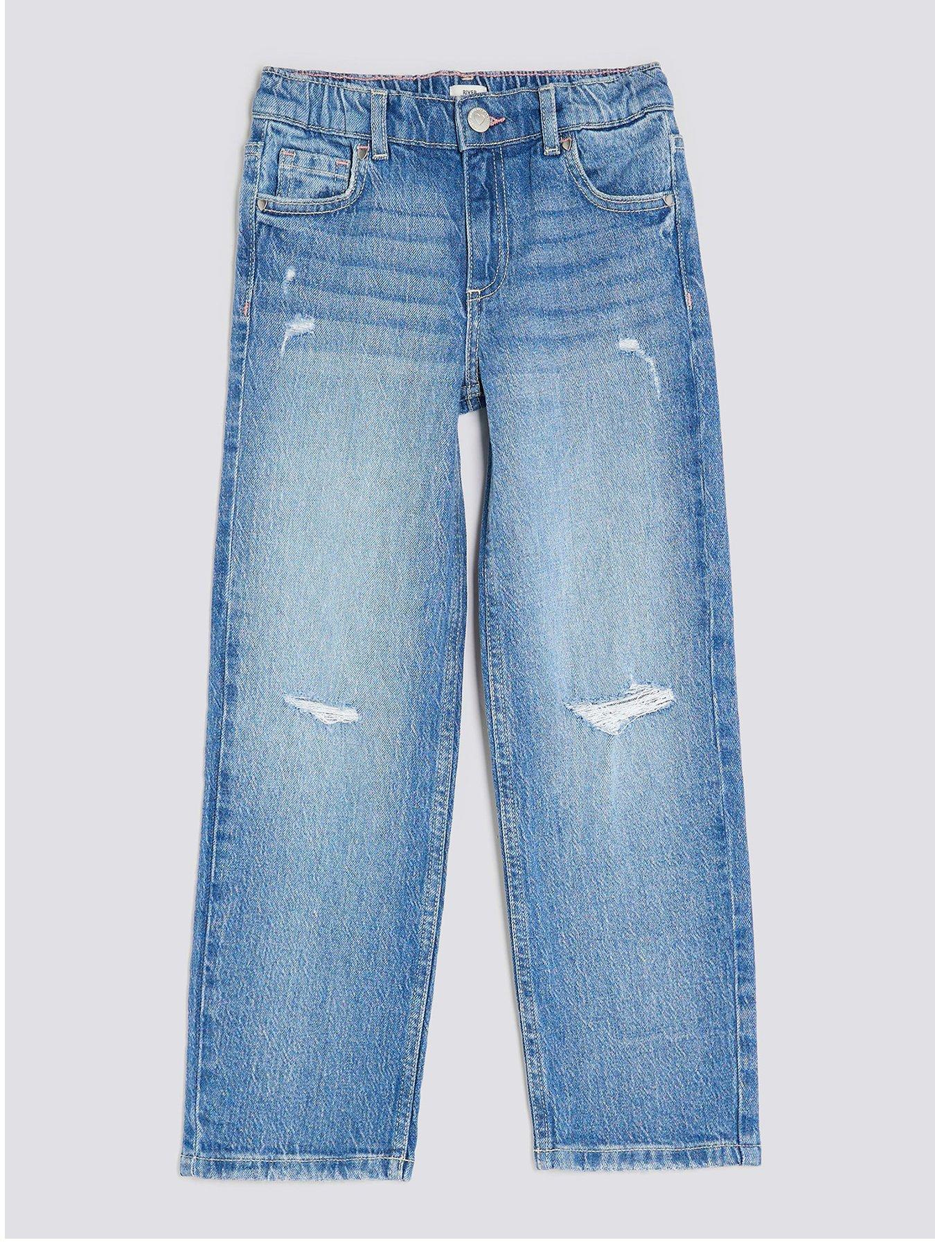 River Island Older Girls Ripped Straight Jeans - Blue