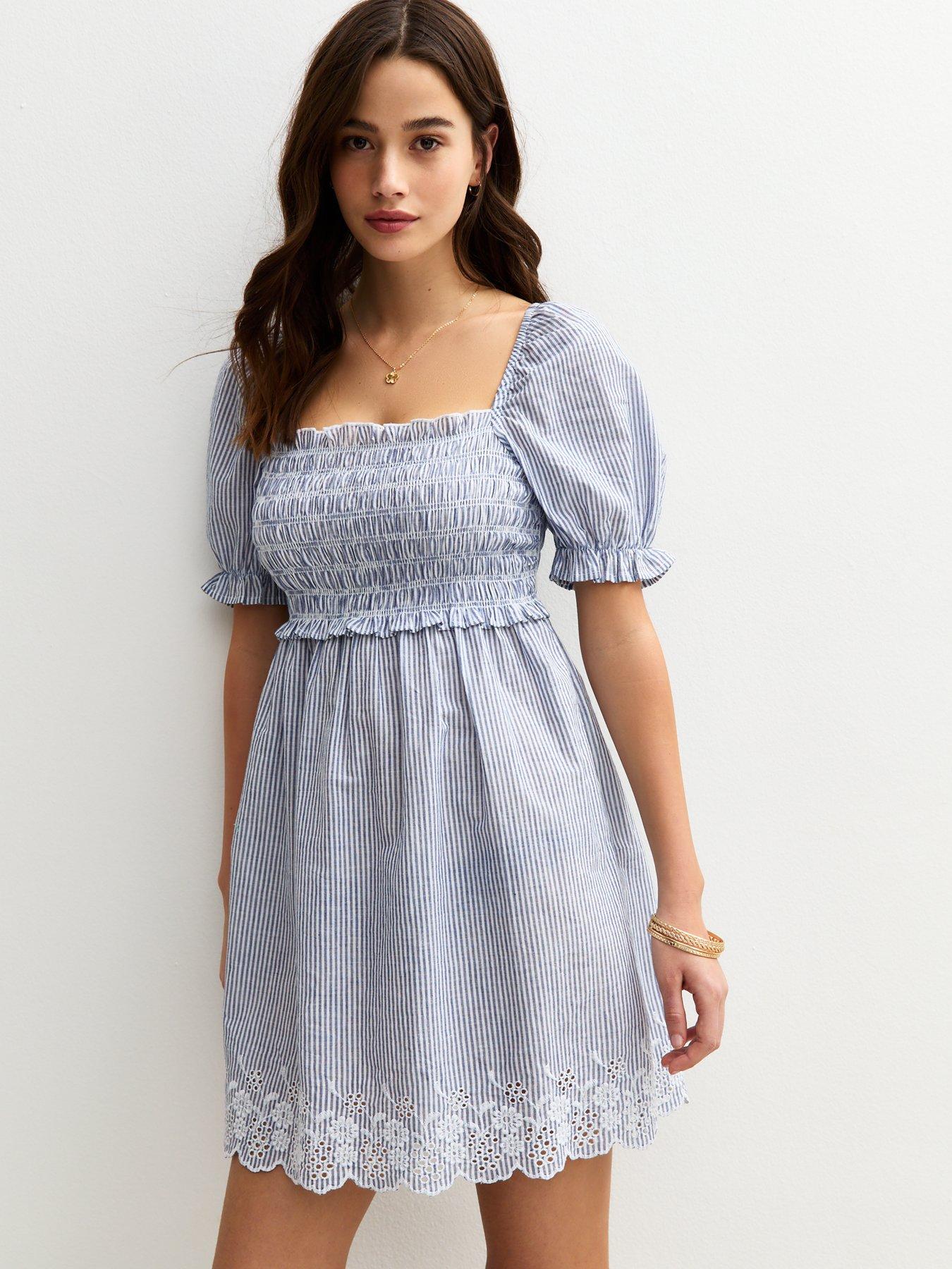 undefined Blue Pattern Striped Embroidered Puff Sleeve Mini Dress