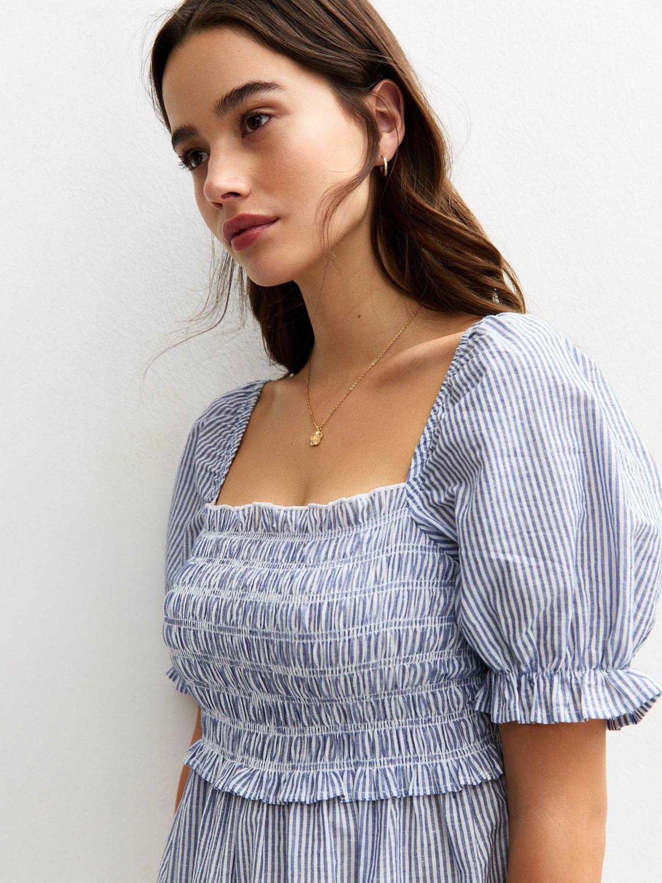 3/4 PUFF SLEEVE CROCHETED PIN STRIPE DRESS WITH SLEEP - BLUE main image 1