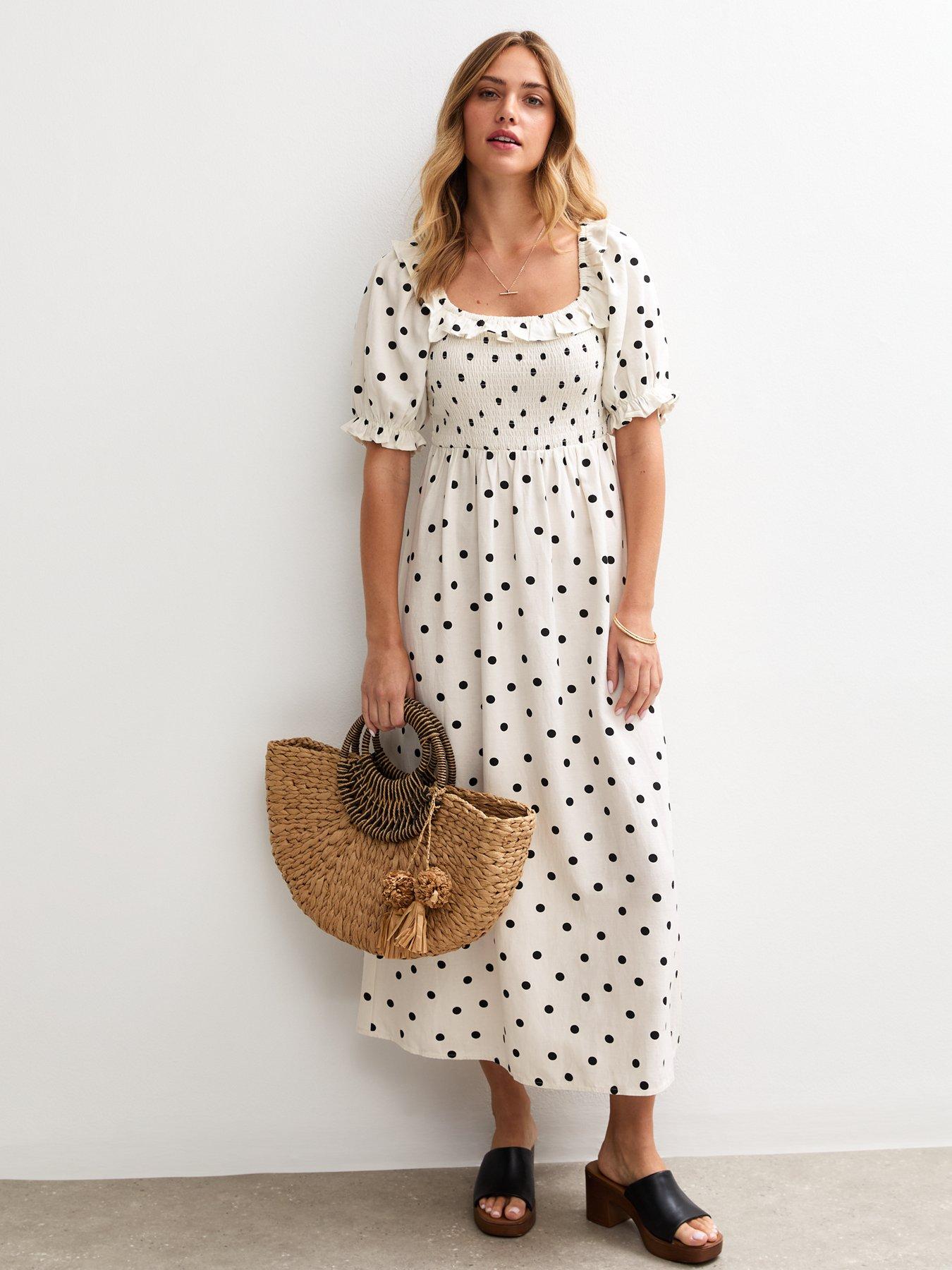 undefined Spot Print Shirred Midi Dress - White