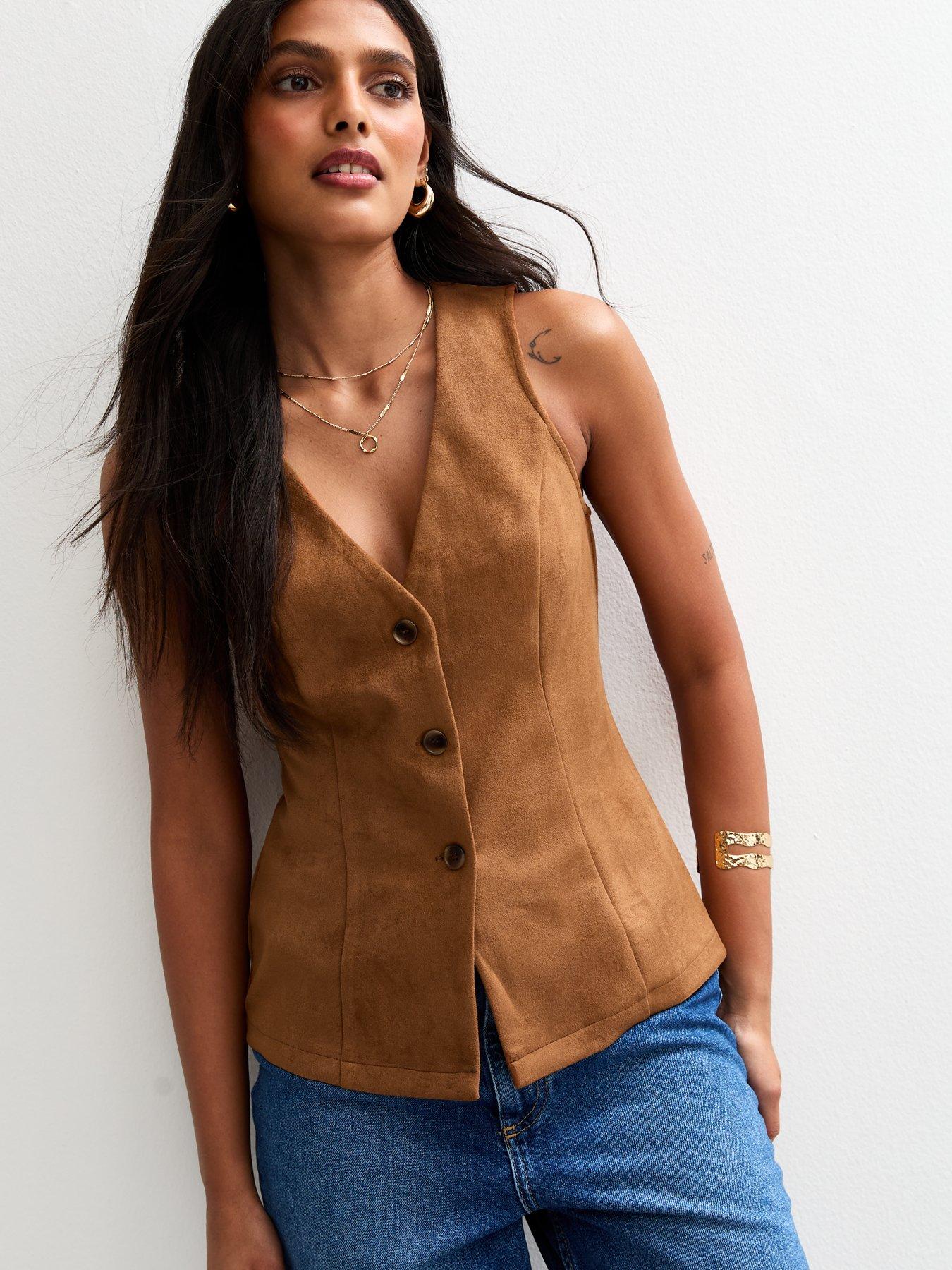undefined Tan Faux Suede Button Up Waistcoat