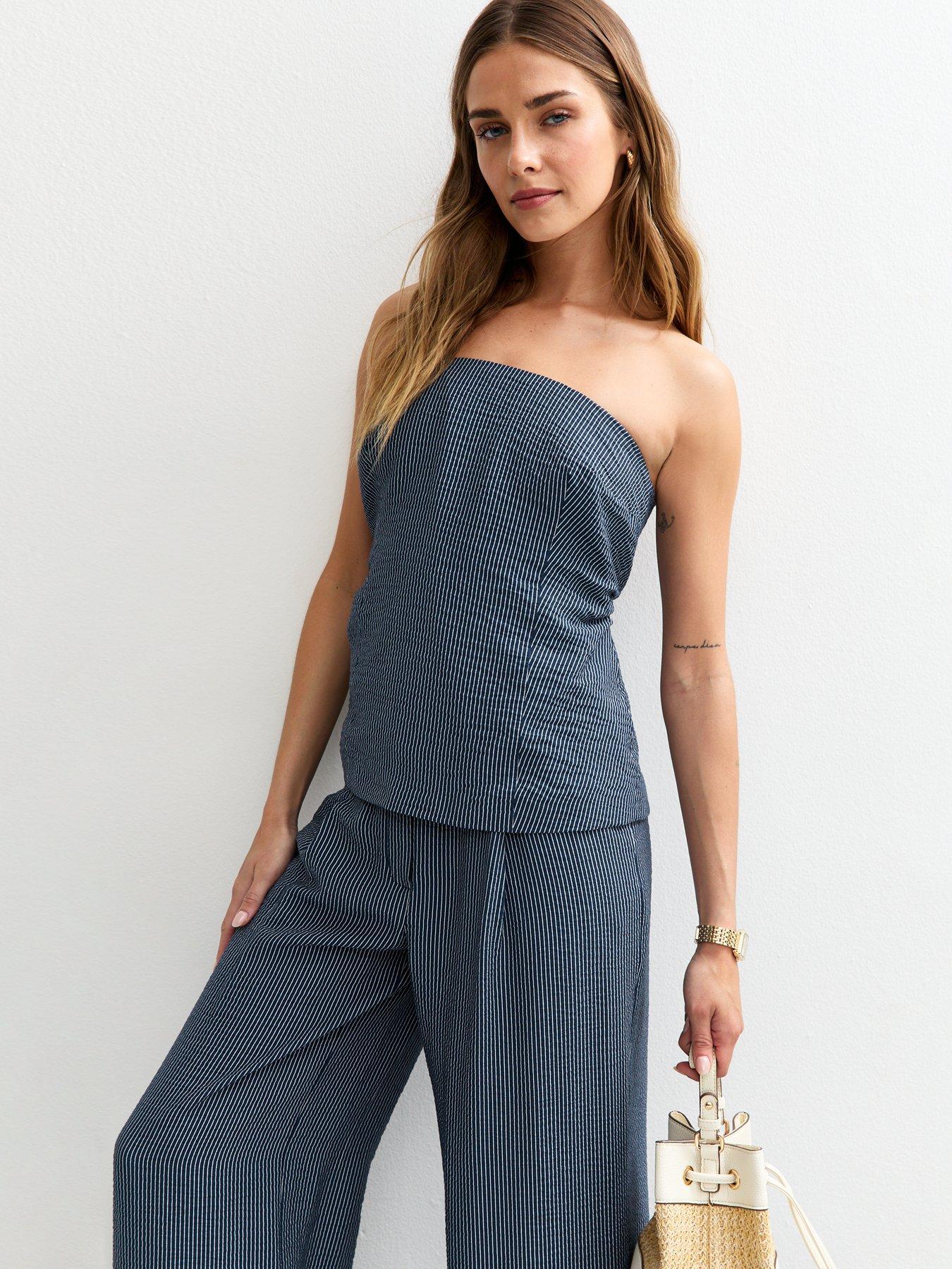 undefined Striped Strapless Bandeau Top - Blue