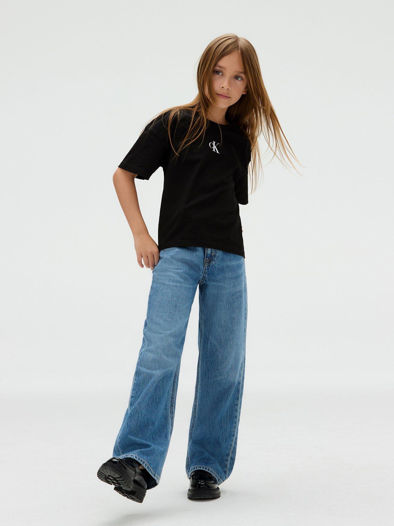 Calvin Klein Jeans Girls CK Logo Short Sleeve Boxy T-Shirt, Black, Size Age: 6 Years